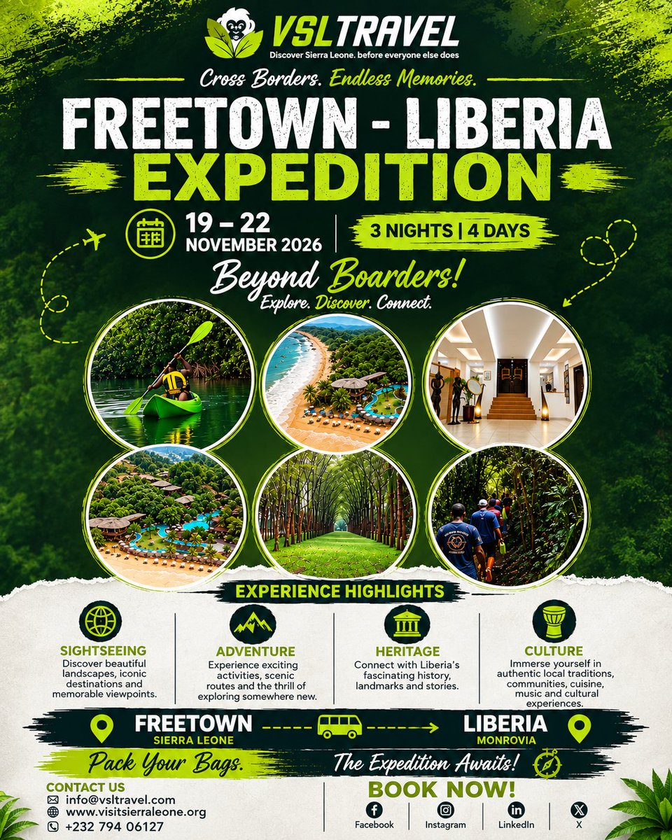 VisitSL's tweet photo. WHY LIBERIA? WHY NOT? 🇱🇷
This November, we're heading from Freetown to Liberia for a 3-Night, 4-Day Expedition designed for people who crave more than the ordinary. 🇸🇱🇱🇷

📅 19th – 22nd November
🛏️ 3 Nights | 4 Days
💳 PAYMENT PLAN AVAILABLE! — because securing your adventure shouldn't have to mean paying everything at once. So, what's stopping you?

BOOK NOW! PAY SMART! TRAVEL FAR! 🌍
📱 +232 79406127
✉️ info@vsltravel.com

Your next adventure could be the conversation you've been waiting for, the connection you didn't expect, or the memory you'll never forget.

#VSLTravel #LiberiaExpedition #FreetownToLiberia #ExploreLiberia #WestAfricaTravel #AdventureTravel #ProfessionalTravel #ExploreMore #TravelWithUs #Wanderlust #TravelGoals #NovemberTravel #SaloneX