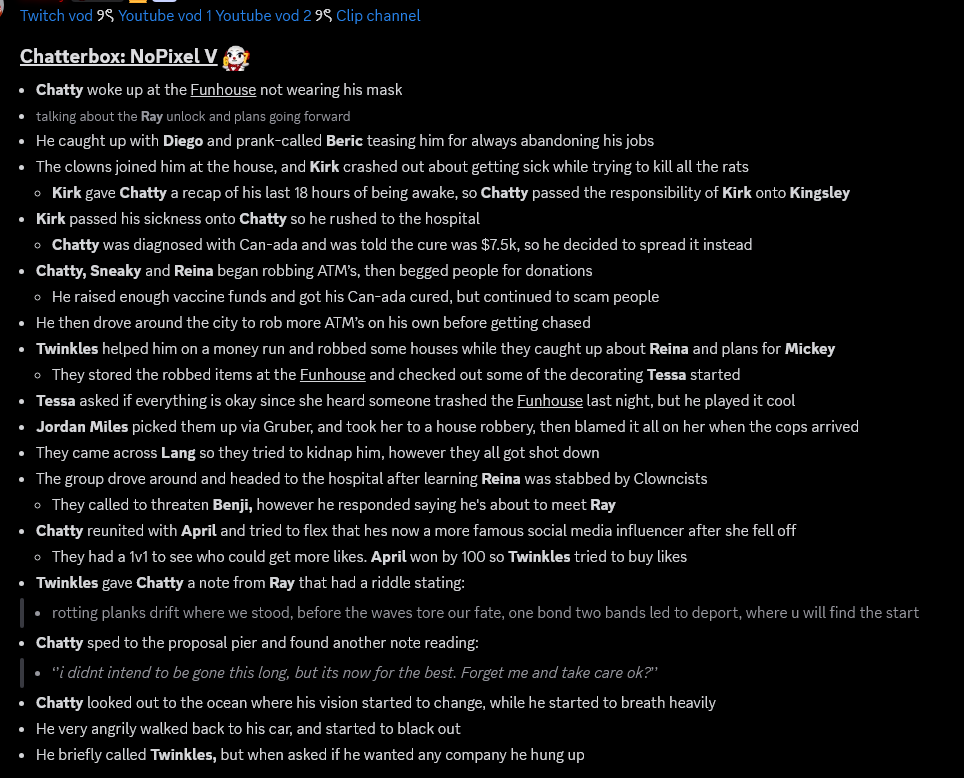 ChatterboxTLDR's tweet photo. Chatterbox: NoPixel V TLDR
—
September 12th 2026
Subathon day 5
—
🔴 → https://t.co/DJy7gJ4tq7
🟣 → https://t.co/s4HAETDArD
Clips → https://t.co/YGpjMs4zuo

For all timestamps + more recaps join the discord → https://t.co/ETndrLxgdQ https://t.co/thfNdeP5f0