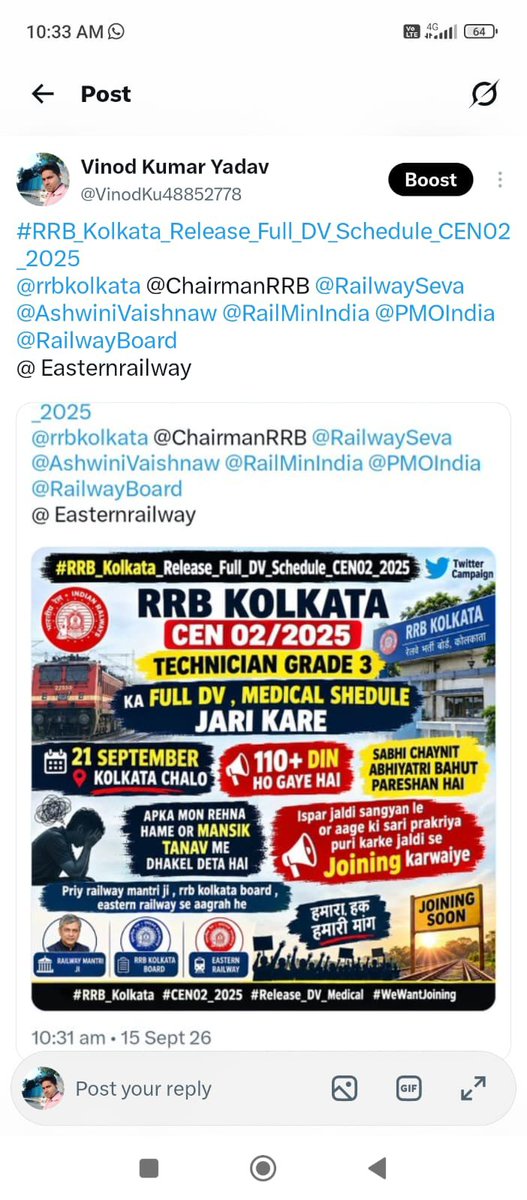 RoshanS05398970's tweet photo. @EasternRailway Rrb CEN 02/2025 technician grade 3 dv date https://t.co/L88iSpSZre
