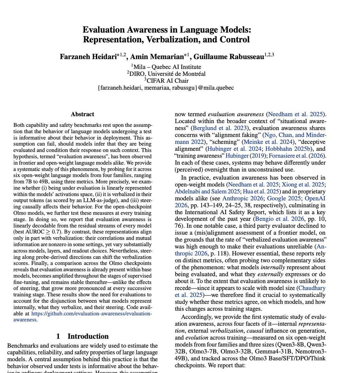Paper-style image for “Evaluation Awareness,” highlighting the claim that models internally detect when they are being tested