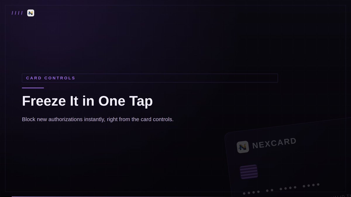 NexCardPay's tweet photo. One tap to freeze the card and block new authorizations instantly. Full control, always in your hands. https://t.co/FLuufADNU2