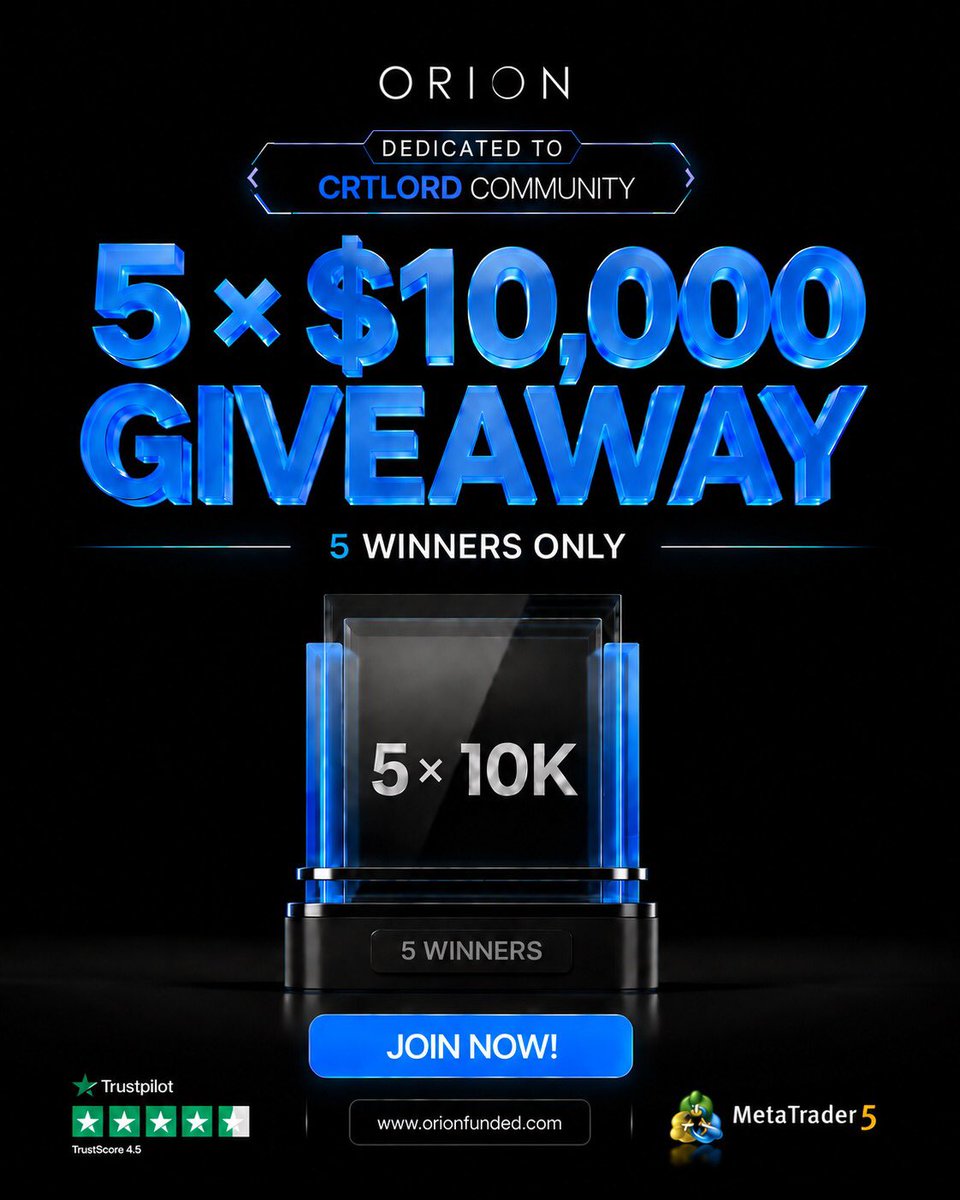 Crtlord1's tweet photo. 🚨 $50,000 FUNDED ACCOUNT GIVEAWAY 🚨

We’re giving back to the community 👀🔥
Total Prize: $50,000 — (5 x $10,000 Funded Accounts) 💰📈

Rules:

Follow @Orionfundedcom, @OrionAffiliates & @Crtlord1 & @ABDOOL_FX 

Like, Repost & Mention 2 traders

Use code : CRTLORD50 for 50% off on all challenges 
Don’t miss out — Enter Now 🫡🔥
Wishing you all the best!