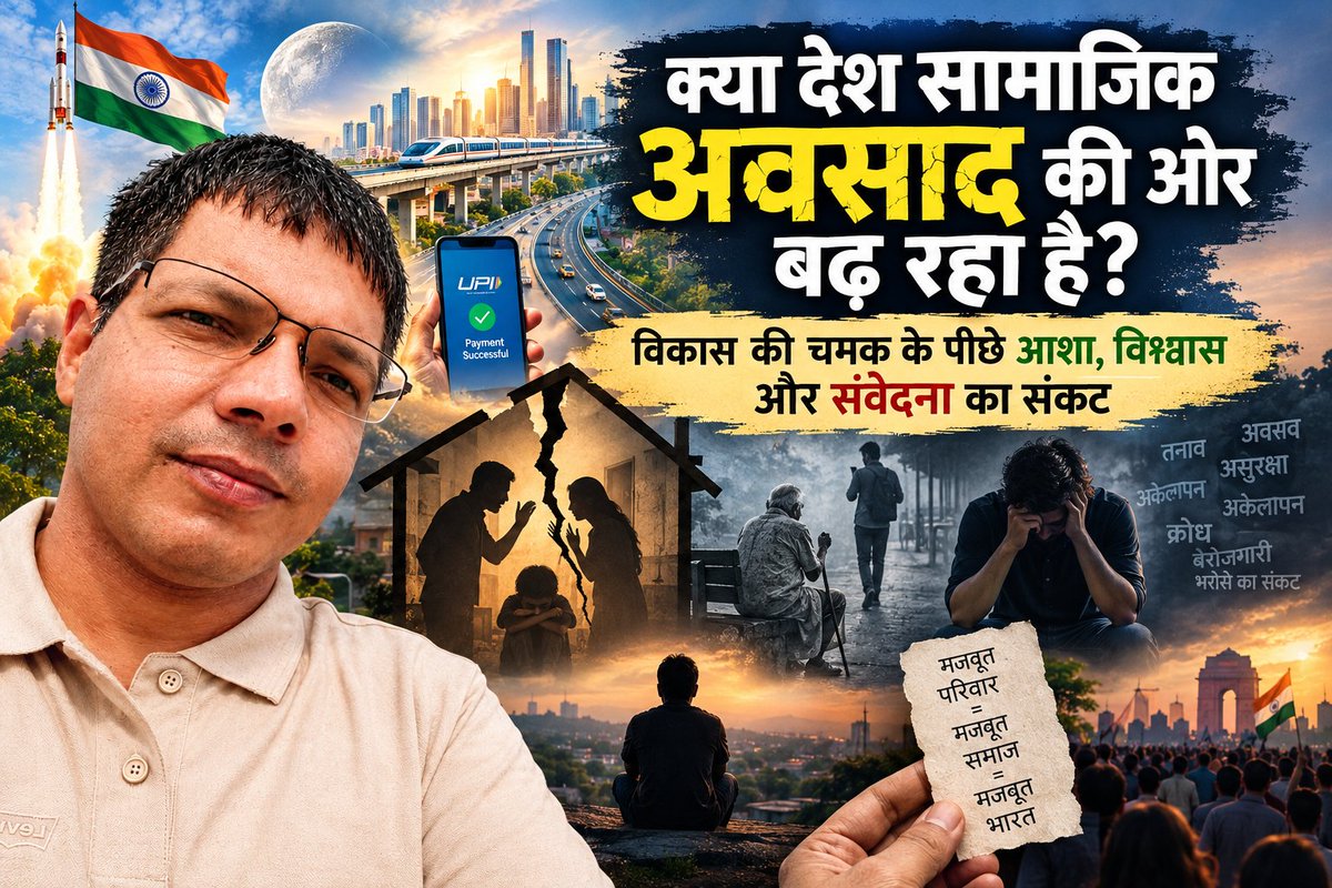 chanchalYa25562's tweet photo. एक टूटा रिश्ता सिर्फ़ दो लोगों की कहानी नहीं होता।
घर बिखरते हैं, भरोसा टूटता है, और यही टूटन धीरे-धीरे एक पूरे समाज की उदासी बन जाती है।
क्या हम सामाजिक अवसाद की ओर बढ़ रहे हैं?
https://t.co/eAR4TPKTs2

#सामाजिक_अवसाद #SocialPsychology #MentalHealthIndia https://t.co/oMVs5f5Nfa