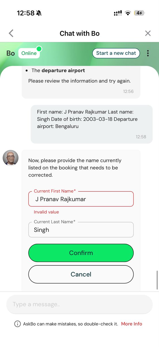 NFTHEIST1's tweet photo. @AirAsia Your app will not let me correct a passenger name because your own form rejects a name containing an initial. "Invalid value." Your bot can't fix it and can't transfer me to a human.

Now your team has refused the request saying a modification was "already attempted." https://t.co/pnElODrVAg