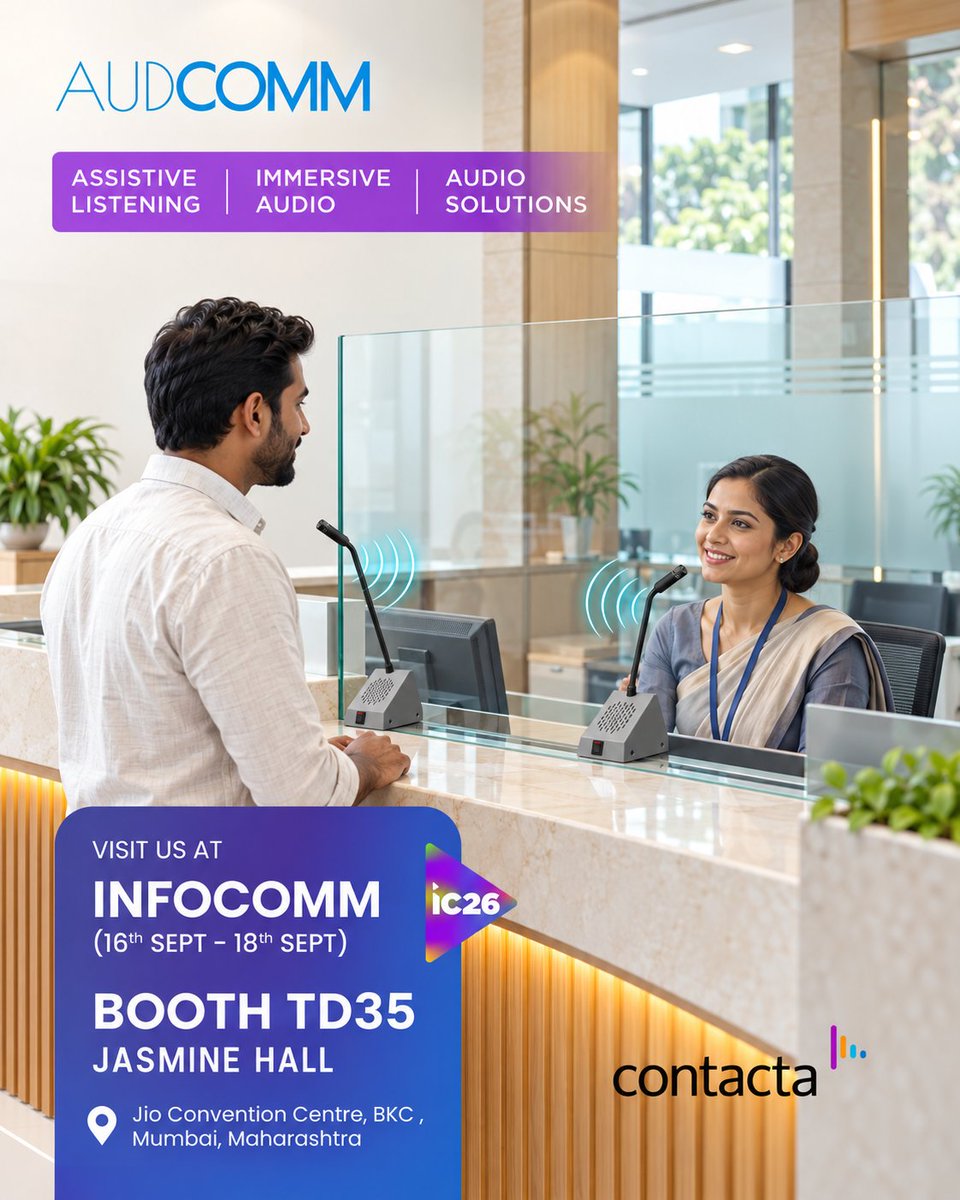 audcomm's tweet photo. Experience Sound. Accessibility. Engagement.
Assistive Listening • Immersive Audio • Audio Solutions
Visit Us at InfoComm India
16–18 September, Mumbai, India
Booth TD35, Jasmine Hall

Visit: https://t.co/NrolmVPkCG

#audcomm #infocommindia2026 #ImmersiveAudio https://t.co/EdKTFTc6i5