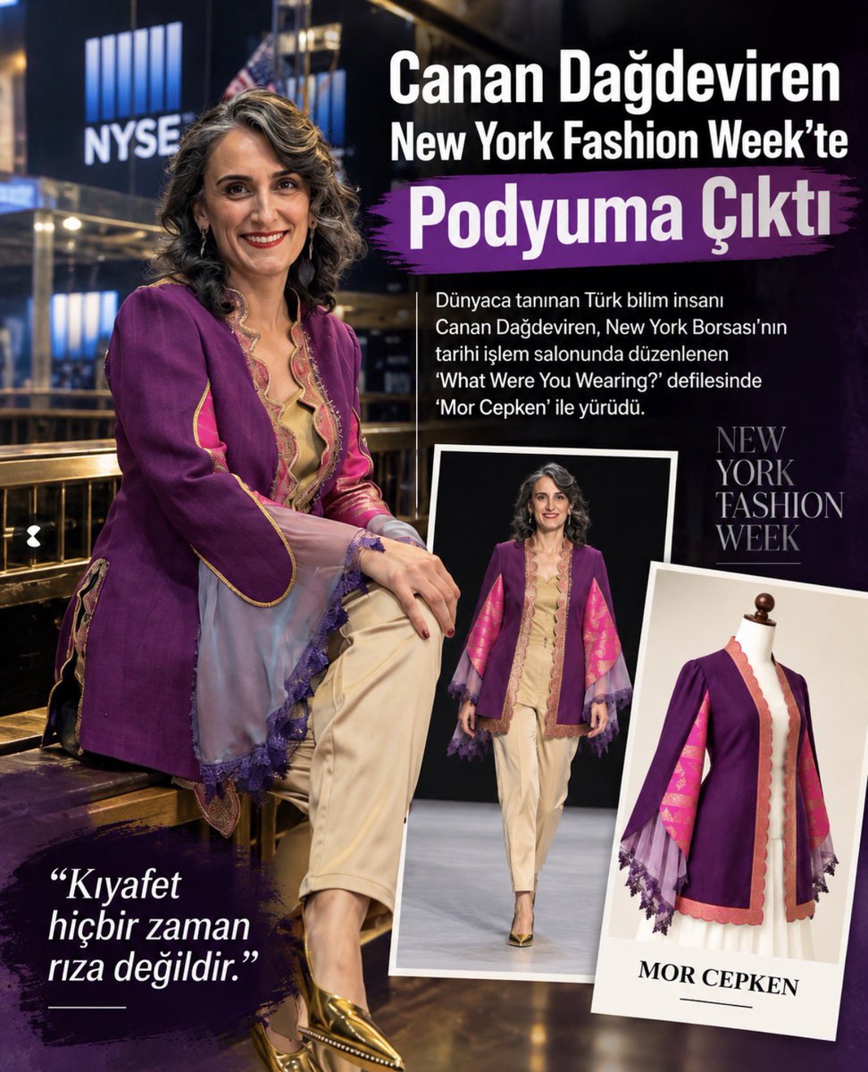 Amerikaliturk's tweet photo. Dünyaca tanınan Türk bilim insanı Canan Dağdeviren, New York Fashion Week kapsamında New York Borsası’nın tarihi işlem salonunda düzenlenen “What Were You Wearing?” defilesinde podyuma çıktı.

Dağdeviren, gecede “Mor Cepken – The Purple Guard” adlı özel tasarımı taşıdı. Paylaşımına göre mor cepken, Yörük ve Türkmen kültüründe kadınların yaşadığı şiddet ve ağır haksızlıklara karşı sessiz bir yardım ve korunma çağrısının sembolü olarak biliniyor.

Hatay’ın mor ham ipeği, Denizli el dokuması ipeği, Hereke işlemeleri ve geleneksel el işçiliğinin bir araya getirildiği tasarım, yüzyıllara uzanan kadın hikâyelerini New York podyumuna taşıdı.

Cinsel şiddet mağdurlarına yönelik suçlayıcı yaklaşımın karşısında duran etkinliğin mesajı ise netti:

“Kıyafet hiçbir zaman rıza değildir.”

Dağdeviren de yürüyüşünü, “Suçlanan değil, inanılan her kadın için yürüyorum” sözleriyle anlattı. 

Tebrikler @dagdevirencanan 👏🏻👏🏻