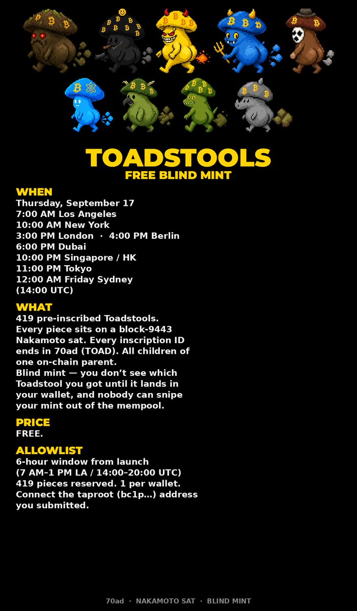 toadstools_btc's tweet photo. gm 🍄

Bitcoin Toadstools mints thursday 9/17 at 7am PT / 14:00 UTC on @OrdDropz  @Ord_Dropz 

free · anti-reveal · anti-snipe

waiting on the last few founders, everything else is locked in

details in the image 👇 https://t.co/mNCixIep6a