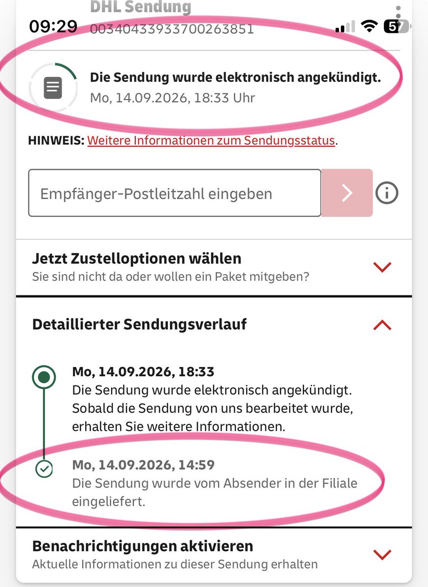 kraftpr0be's tweet photo. @DHLPaket kann es eigentlich sein, dass eure Sendungsverfolgung ziemlich fehlerhaft ist?

Obwohl eine Sendung an mich gestern um 14:59 in einer Filiale eingereicht wurde, ist der aktuelle Sendungsstatus „elektronisch angekündigt“ und diese Ankündigung von 18:33.

What the heck? https://t.co/4aOME0YQYo