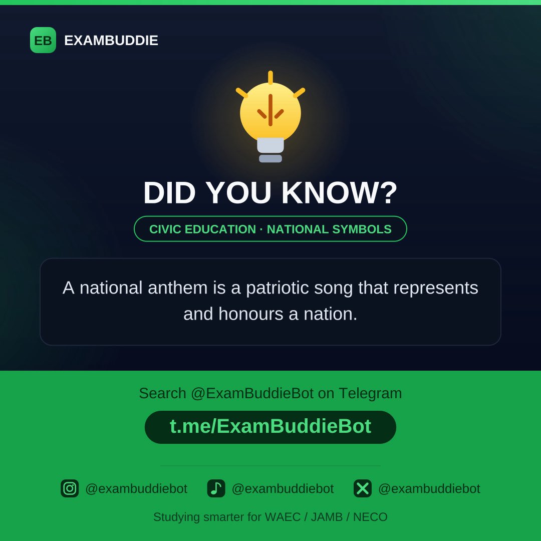 ExamBuddieBot's tweet photo. Did you know that?
#WAEC #JAMB #NECO
#DIDYOUKNOW
#NAIJASTUDENTS
https://t.co/853bgol7Bl to get started https://t.co/G6sZClxjwW