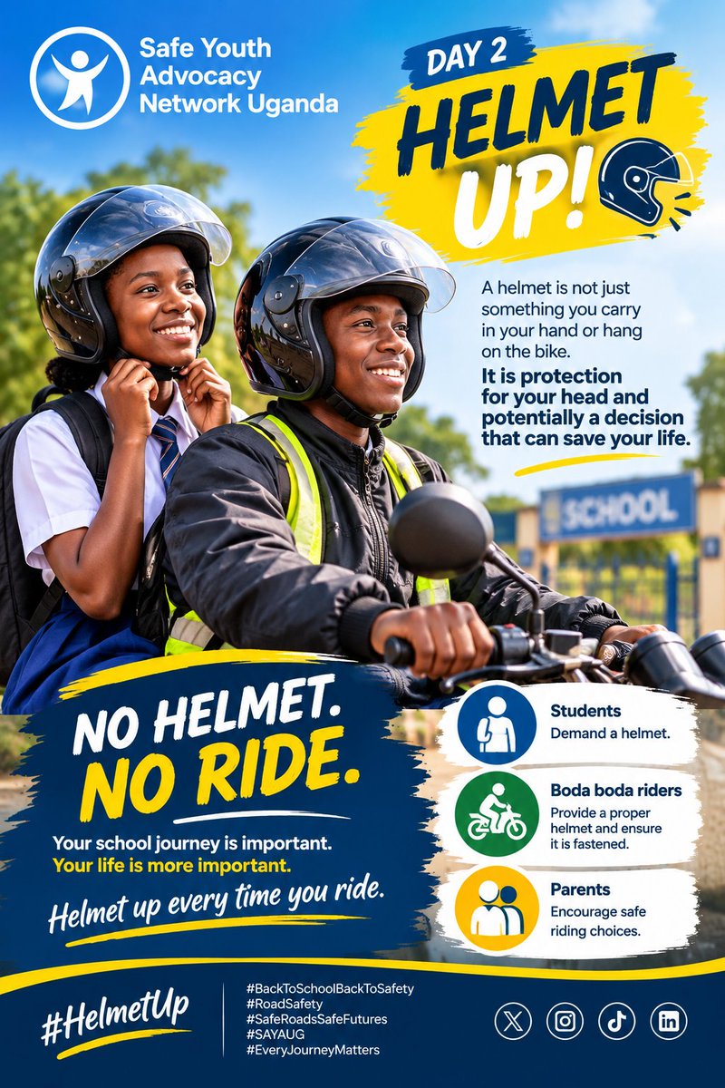 SafeYouthA's tweet photo. “NO HELMET. NO RIDE.”
As schools resume, thousands of young people are using boda bodas to travel to and from school. Before the boda boda moves, your helmet must be on—and properly fastened. https://t.co/LudH0UEbIR