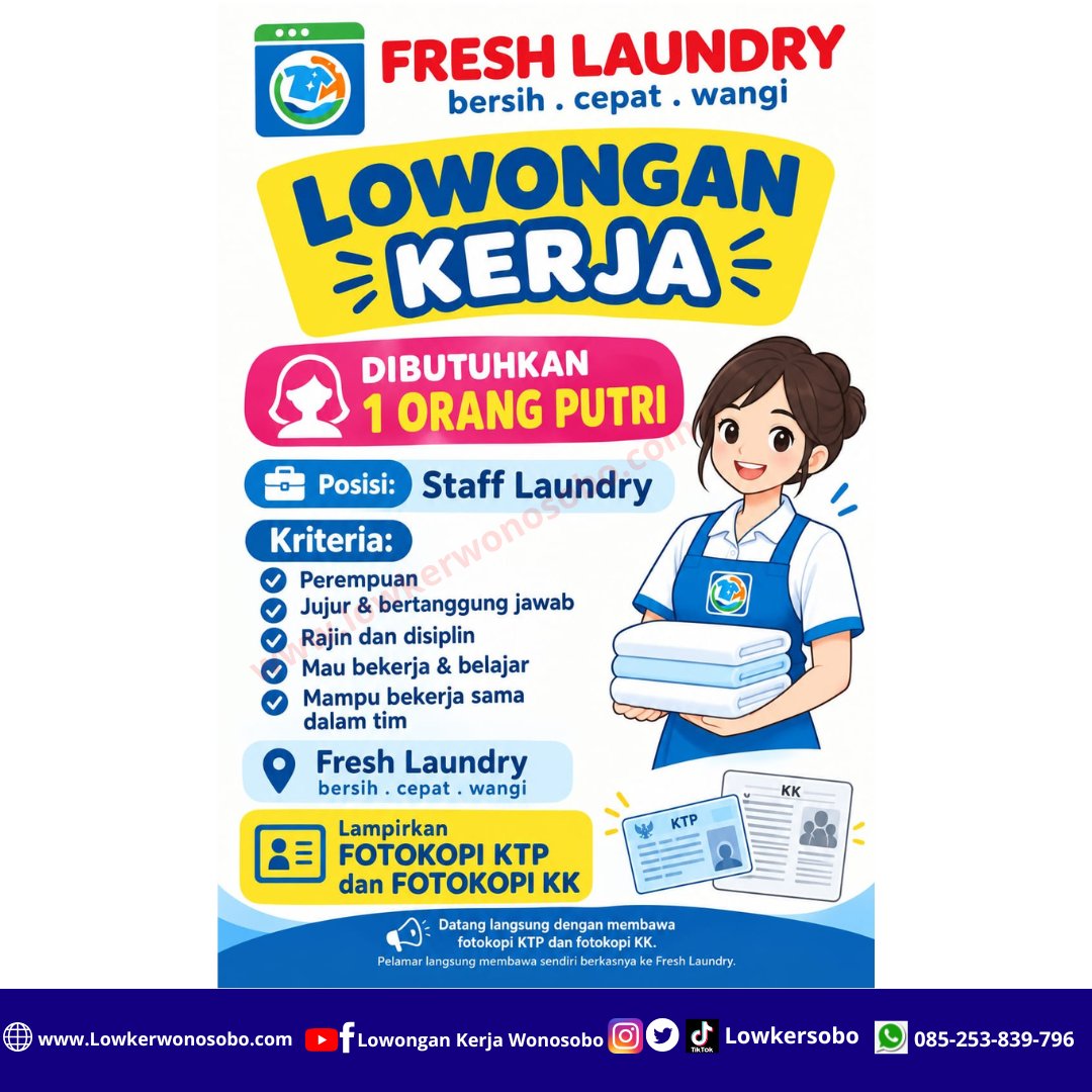 LowkerSobo's tweet photo. Lowongan Kerja Di Fresh Laundry

Untuk Posisi Sebagai Staff Laundry

Cara Melamar :
Silahkan datang langsung ke Fresh Laundry Alamat : Jl. RSUD Utara SD kristen Wonosobo dengan membawa FC KTP dan FC KK 

#loker #fyppppppppppppppppppppppp  #infoloker #kerjaan #lokerterbaru https://t.co/MQW4SsxH1u