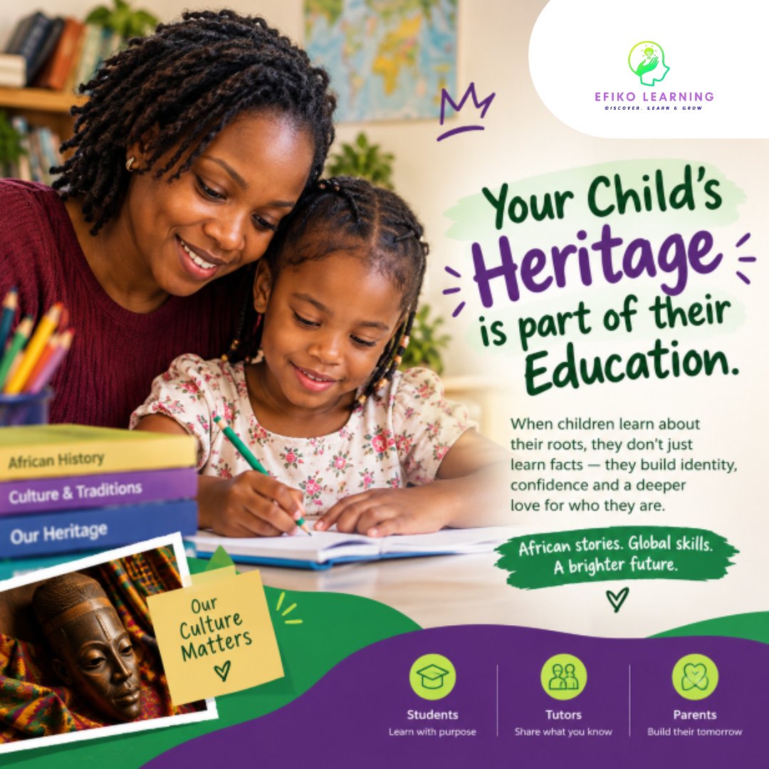 EfikoLearning's tweet photo. At Efiko Learning, we believe learning should help children discover, learn and grow, while staying connected to who they are.
Because a well-rounded education includes their roots.
#efikolearning #africanparentsindiaspora #africanchildrenindiaspora #onlinelearning https://t.co/Lja9lB2vrS