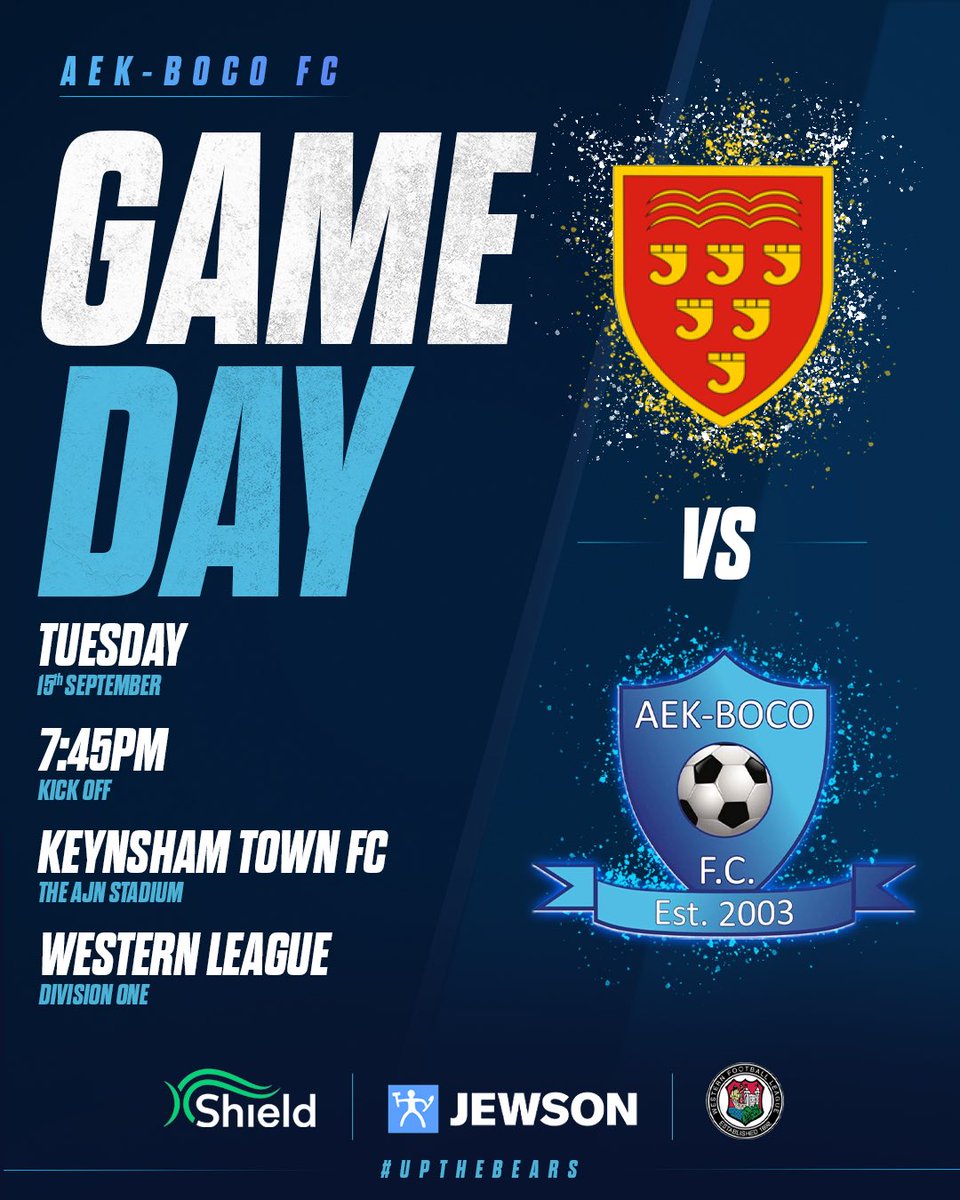 aekbocofc's tweet photo. 𝗚𝗔𝗠𝗘𝗗𝗔𝗬 🐻🔵

The Bears are on the road tonight as we travel to face @KeynshamTownFC under the lights 💪

⚽️ Keynsham Town FC vs AEK-BOCO FC
🕢 7:45PM KO
📍 The AJN Stadium
🏆 Western League Division One

#UPTHEBEARS https://t.co/82AICS2umW