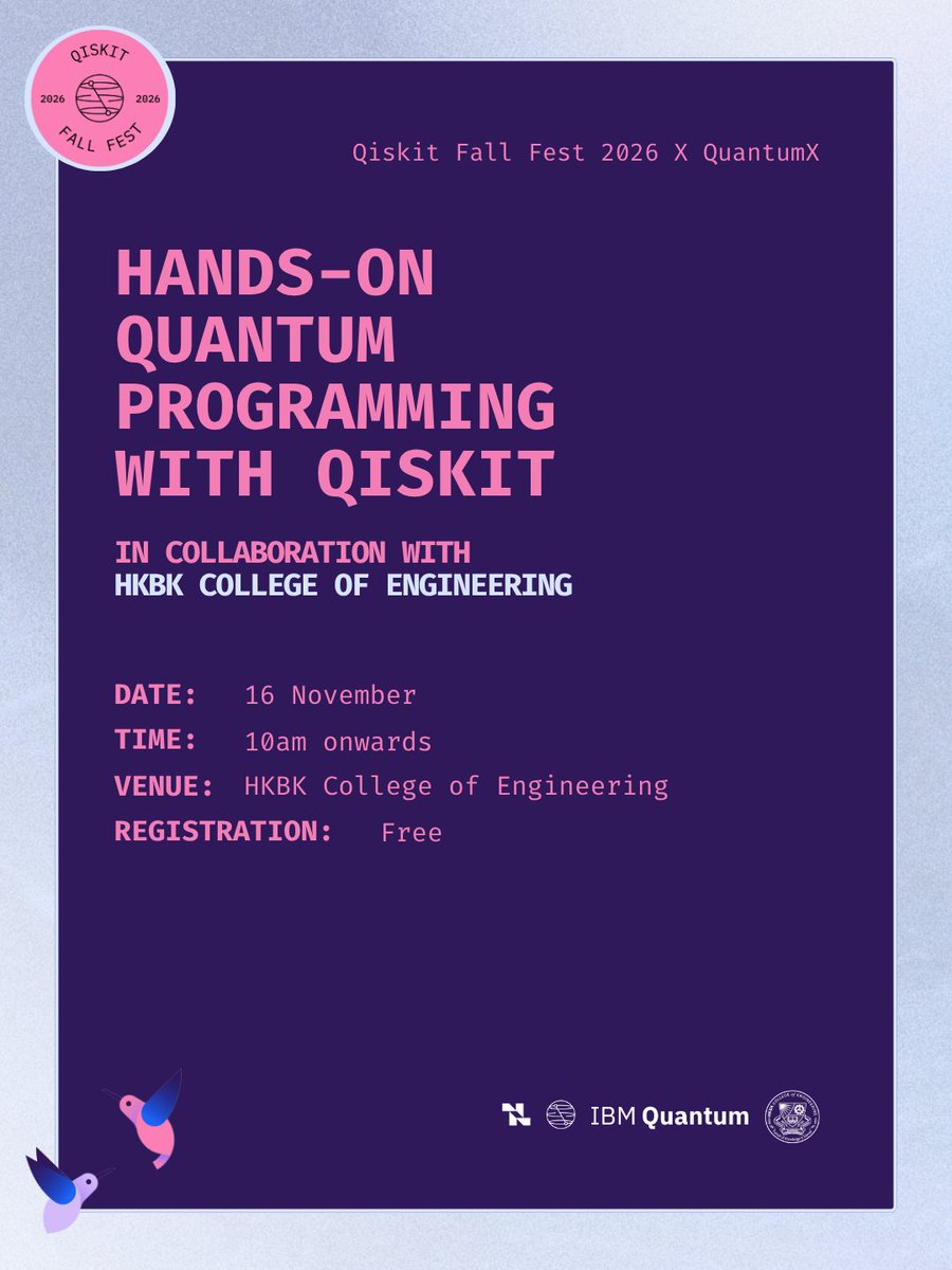 _Quantum_X_'s tweet photo. Ready to get hands-on with quantum computing?
Join us for Hands-on Quantum Programming with Qiskit as part of Qiskit Fall Fest 2026 and learn by building and experimenting with real quantum programs.
QFF Registration link in BIO.
#QiskitFallFest #QFF2026 #QuantumX #IBMQ https://t.co/p7zjiWXZZ9