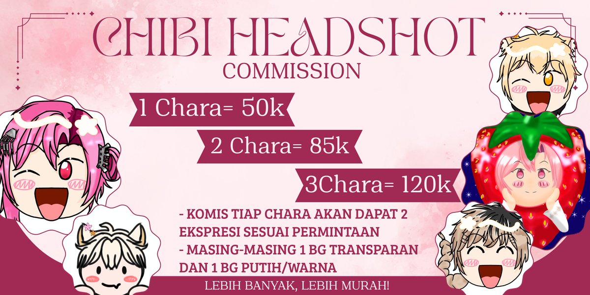 LuckiestArvie's tweet photo. ~⁠♪♡ Commission Open ♡♪~

Halo~
Aku open commission lagi untuk Chibi Headshot dan Bust up seperti di bawah ini
Makin banyak pesan, makin murah loh!😚💖

#commissionㅤ #commissionopen
#chibicommission https://t.co/hSgOhofEhR