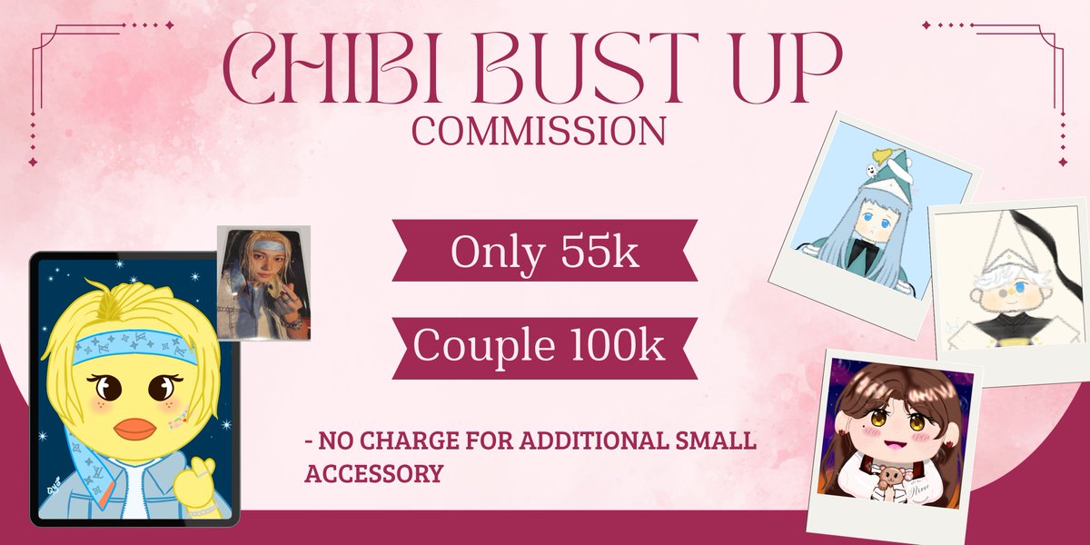 LuckiestArvie's tweet photo. ~⁠♪♡ Commission Open ♡♪~

Halo~
Aku open commission lagi untuk Chibi Headshot dan Bust up seperti di bawah ini
Makin banyak pesan, makin murah loh!😚💖

#commissionㅤ #commissionopen
#chibicommission https://t.co/hSgOhofEhR