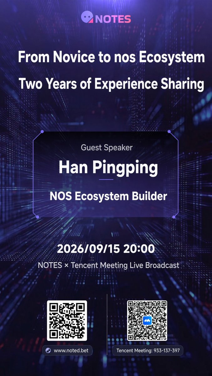 Notes_SocialFi's tweet photo. 🚀 Live Alert | From Novice to NOS Ecosystem
Two Years of Experience Sharing

Guest Speaker: Han Pingping
NOS Ecosystem Builder

📅 2026/09/15 20:00
📍 NOTES × Tencent Meeting Live Broadcast
Join here: https://t.co/upUmr0reHk
Tencent Meeting ID: 

Your agent shouldn’t just chat.
Tonight we walk the path from zero to builder. 🦞
#NOS #NotesClaw #AIAgents #SocialFi #NOSEcosystem