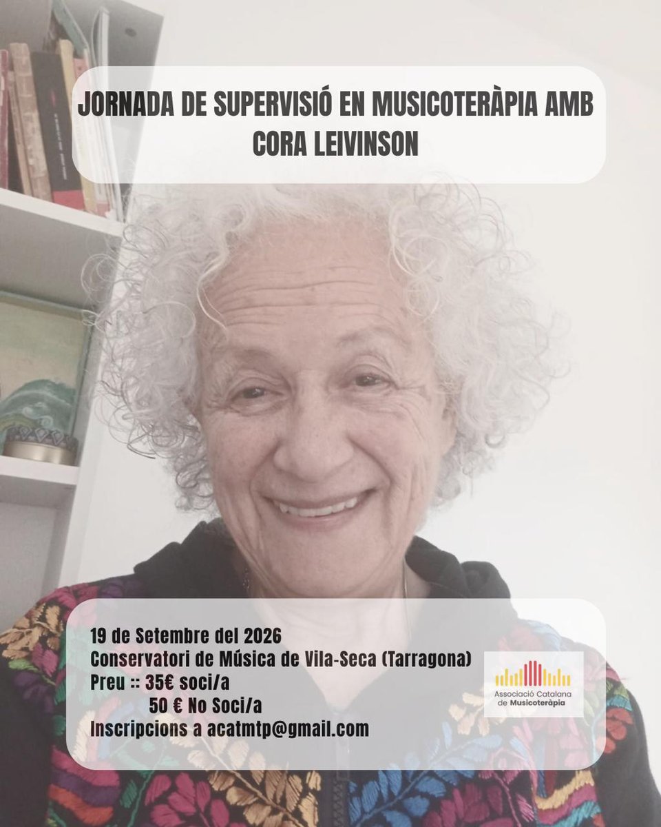 ACMusicoTerapia's tweet photo. Cora Leivinson (@coraalicialeivinson) farà una jornada de supervisió en musicoteràpia al Conservatori de Vila-seca el proper 19 de setembre de 2026.

Si és del teu interès consulta la web https://t.co/0TgHiLSMbp o escriu-nos a acatmtp@gmail.com

#musicoteràpia #supervisió https://t.co/70YWEDIIr1