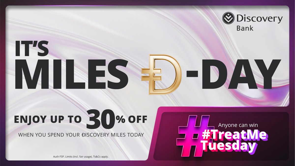 Discovery_SA's tweet photo. It's Miles Đ-Day, so don't miss out on double the rewards! Plus, we're giving you another chance to win with TreatMeTuesday.

You could win Ð50,000 by telling us which Ðiscovery Miles partner is your favourite to shop with and why. Reply with 💜DiscoveryBestBank. Ts&amp;Cs apply. https://t.co/J8StlkWufA
