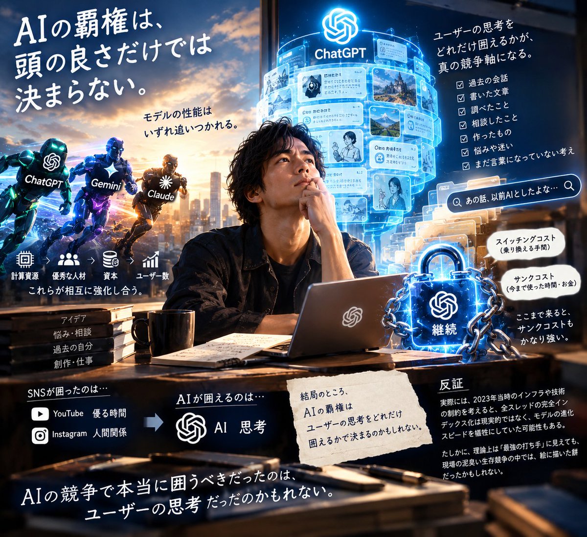 Beginneroosaka's tweet photo. AIの覇権は、頭の良さだけでは決まらない。
ChatGPTが圧倒的シェアを持っていた時期に、別の場所へリソースを集中していれば、今とは違う景色��なっていたと思う。
それはモデル性能ではない。
ユーザーの全スレッドを保存し、検索できるようにすることだ。
性能は重要だった。だが性能は相手も上げてくる。Geminiが出る。Claudeが出る。いずれ「こっちのほうが賢い」になる。性能だけで勝負すれば、いつまでも追いかけられる。
一方、数年分の会話が全部残っていたら話は変わる。
「あの話、前にしたよな」
以前の自分の考えを読み返す。
過去の相談を引き出す。
それが何千スレッドになれば、履歴ではない。自分の知的履歴になる。
僕なら、そこを最初に取りにいく。
一度そこまで積み上がると、乗り換えにくくなるからだ。
「少し賢い」だけでは足りない。
「今までの全部をどうするの？」になる。
AIはSNSとも違う。
SNSに残るのは写真や人間関係や投稿だ。
AIに残るのは、考��たこと、悩んだこと、調べたこと、作ったものだ。
つまりAIは、ユーザーの過去そのものに入り込める。
ここまで来るとサンクコストは強い。
月5,000円なら払える人は多い。
その層がChatGPTに払ってしまえば、GeminiとClaudeにも同じ額を払う人は���ない。
結果はこうなる。
「ChatGPTは有料。GeminiとClaudeは無料で試す」
競合は性能で勝てても、課金で勝てない。
ChatGPTには継続的なキャッシュが入る。
キャッシュがあれば研究開発に使える。人材も採れる。性能も上がる。ユーザーも増える。最初のシェアが次のシェアを生む。
これはモデル競争ではない。
資本、人材、計算資源、ユーザーが互いを強化するサイクルだ。
YouTubeやInstagramも、後から似たものは作れる。
すでに人がいる場所をひっくり返すのは難しい。
AIは、それ以上に厄介かもしれない。
YouTubeが囲ったのは「見る時間」。
Instagramが囲ったのは「人間関係」。
AIが囲えるのは「思考」だ。
2023年頃の経営者なら、シェアを取った瞬間にそこを最優先する。
「使い続けるほど、自分の過去がここに積み上がる」状態を先に作る。
十分に作ってから有料化する。
料金そのものより、払わないことで失うものを大きくする。
そうなれば、競合は試せても、基幹AIは簡単に捨てられない。
これがプラットフォームとして一番強い形だと思う。
だから初期の圧倒的シェアは、ただのブームの始まりではなかった。
���の巨大プラットフォームの覇権を固定できる、かなり珍しい瞬間だった。
本当に囲うべきだったのは、ユーザーの思考だったのかもしれない。
ただし、これは後知恵でもある。
理論上は最強に見える。
だが2023年の現場では、絵に描いた餅で終わっていた可能性のほうが高い。
当時のコンテキストウィンドウ、ベクトル検索、ユーザー急増で悲鳴を上げていたインフラを思い出すと、「全スレッドのリアルタイム完全インデックス」を全振りすれば、システムが自重で潰れていたかもしれない。
OpenAIの最優先は、まず世界に触らせ、フィードバックとデータを集め、基盤モデルを急ピッチで進化させることだった。そこに寄せすぎれば、「記憶は完璧だが頭が悪いサービス」として失速するリスクもあった。
論理の美しさと、現場の生存競争は、噛��合わない。
囲うべきは思考だった。
だが当時それを取りにいけば、先に死んでいた可能性もある。

https://t.co/OepGZrkfY2