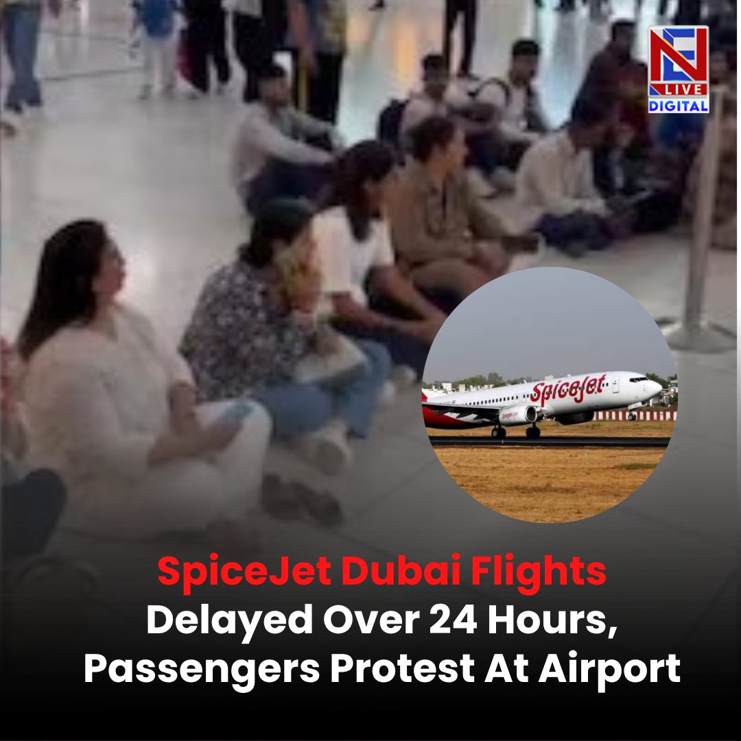 NELiveTV's tweet photo. Angry passengers of SpiceJet staged a protest at Delhi Airport on Tuesday after two flights bound for Dubai were delayed for several hours, with one of them remaining grounded for more than 24 hours.
#spicejet #SpiceJet #SpiceJetProtest #DelhiAirport #FlightDelay #DubaiFlights https://t.co/AZLLOlqfVQ