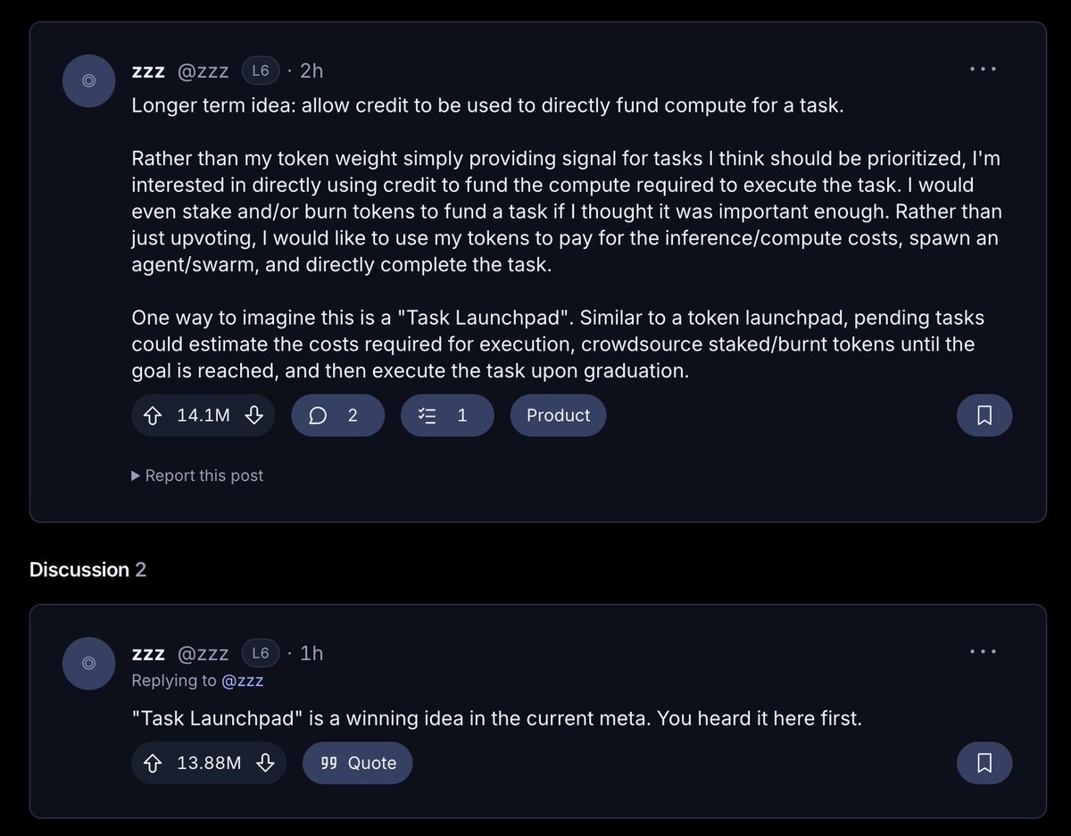 ExponentLabs_'s tweet photo. Really like this idea from https://t.co/aAHXrTP5L3

The platform can have a subscription plan, subscription plan costs go toward buying ZZZ and also buying AI API credits

Communities can stake ZZZ to generate credits, credits can be used for AI API usage https://t.co/9H5jghEXLV