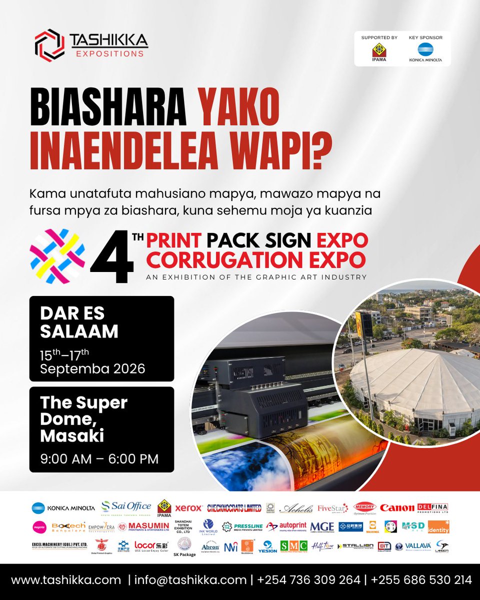 MiraMathew's tweet photo. Dar es Salaam, get ready! 🌍✨
The 4th Print Pack Sign Expo &amp; Corrugation Expo is coming to The Super Dome, Masaki from 15th–17th September 2026. 
📍 The Super Dome, Masaki, Dar es Salaam
📅 15th–17th September 2026
⏰ 9:00 AM – 6:00 PM

#TashikkaExpositions #PrintPackSignExpo https://t.co/UkL8I0doAx