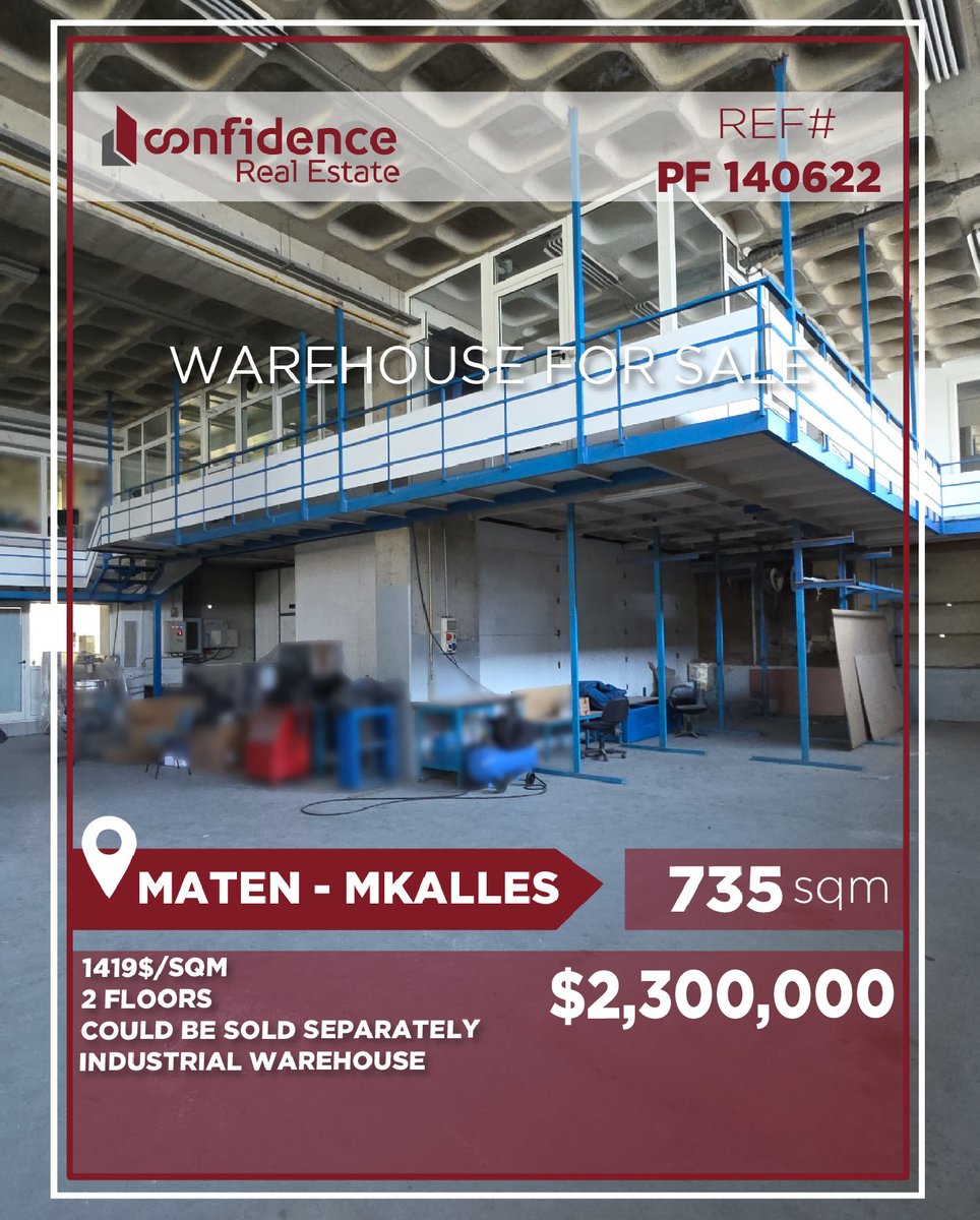 confidence_cre's tweet photo. Price 2,300,000 + 2.5% commission 

Factory &amp; Warehouse for Sale – Mkalles

For more information do not hesitate to contact us on:71000850

REF#PF140622 

#Mkalles #MkallesRealEstate #MetnRealEstate 

#CONFIPF

J https://t.co/uZAnq1YyPZ