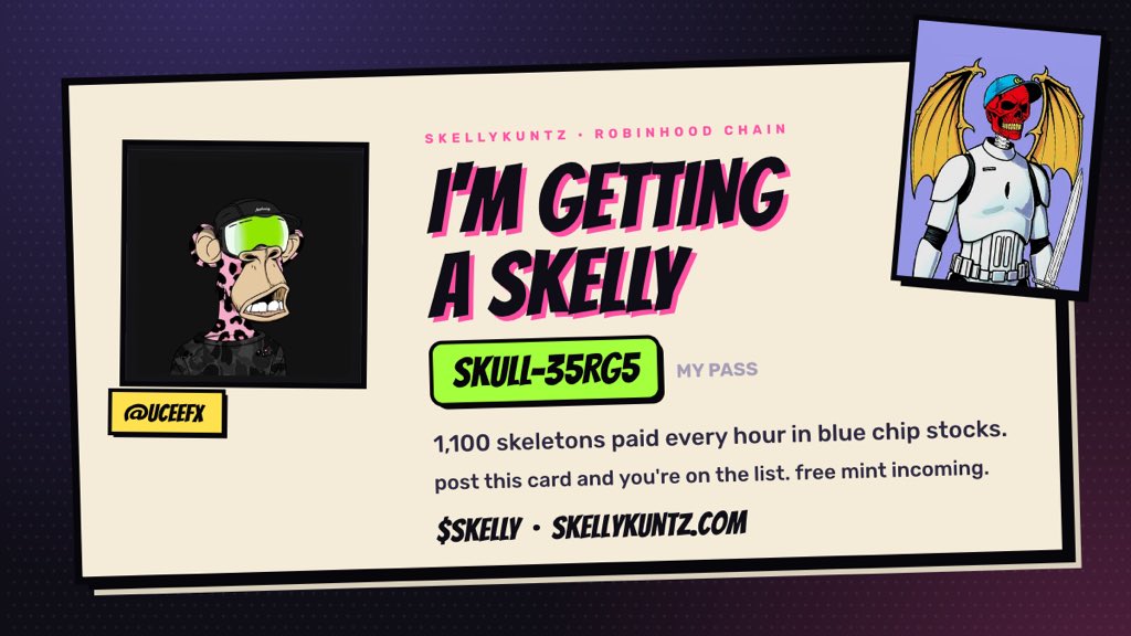 Uceefx's tweet photo. just got my spot on the SkellyKuntz list. free mint incoming.

1,100 skeletons on robinhood chain that get paid every hour in blue chip stocks.

post your card and you're in too. pass SKULL-35RG5 · $SKELLY @SkellyKuntz https://t.co/XJClSezRYX