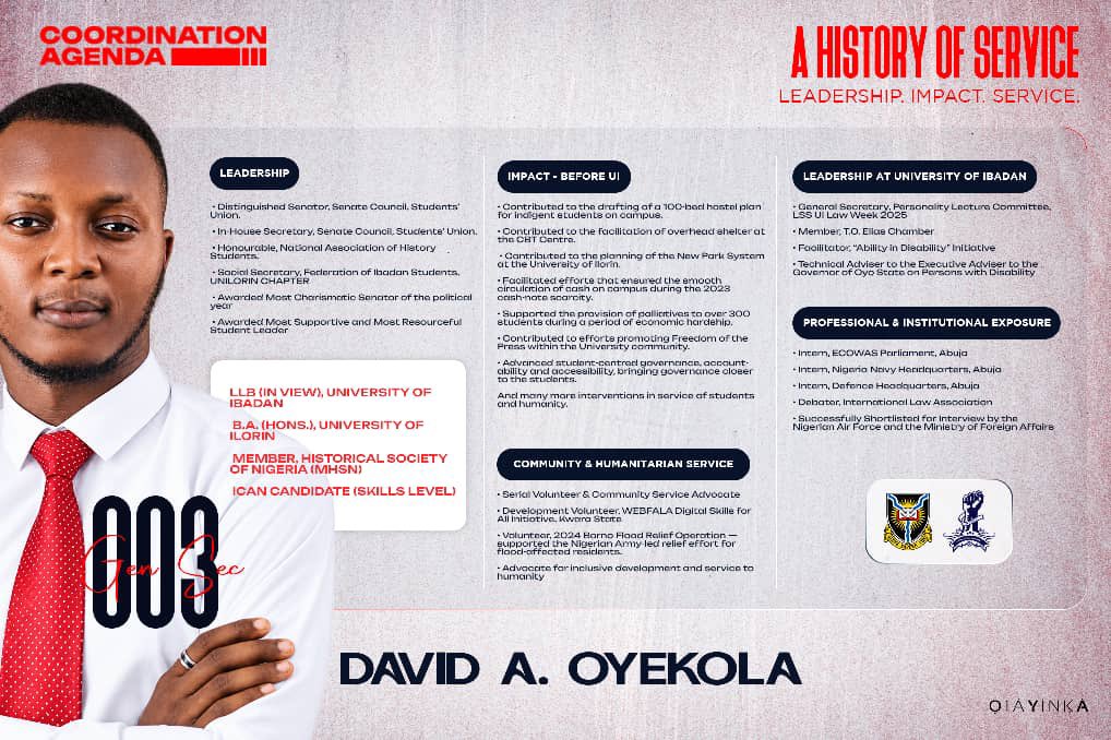 PrimeofX's tweet photo. University of Ibadan (UI) deserves a General Secretary who sees the office as a responsibility, not just a position.

Someone who will listen to students, speak for them, communicate effectively and ensure their concerns are not ignored.

This is about competence.
This is about accountability.
This is about getting things done.

For a General Secretary who is ready to work, listen and represent the students, the choice is clear.

OYEKOLA DAVID @realAkinOyekola . 🗣️✊🏽

COORDINATION AGENDA.
