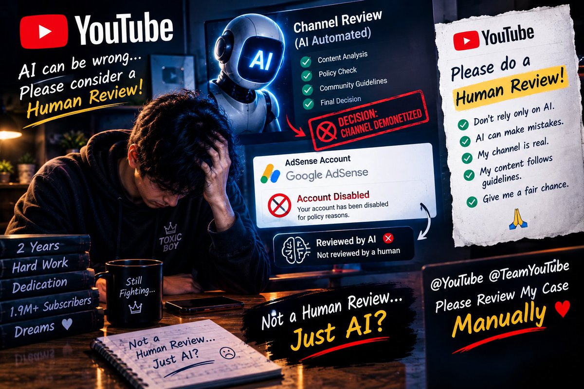 ToxicBoy313's tweet photo. @YouTube @TeamYouTube Please review my case manually. 🙏

My AdSense was disabled and my channel was demonetized. I believe the decision may have been made through an automated/AI review rather than a proper human review.

AI can make mistakes. Please have a human review my channel and AdSense case carefully. I’m only asking for a fair chance and a manual review. ❤️🙏

2 years of hard work & 1.9M+ subscribers deserve a fair review.
#YouTube #AdSense #HumanReview