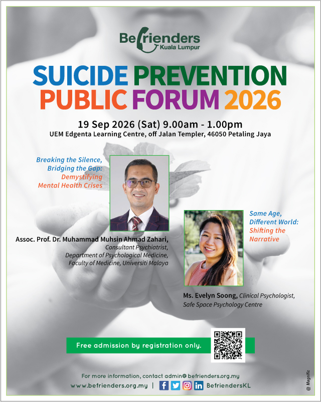 BefriendersKL's tweet photo. Have you registered? #SuicidePrevention Public Forum happening this Saturday 19 Sep, at 9.00 am, with A/Prof Dr. Muhammad Muhsin Ahmad Zahari and Ms. Evelyn Soong.

Free admission by registration only:
https://t.co/tCJ4dEcYSq https://t.co/7M0KSKz5X0