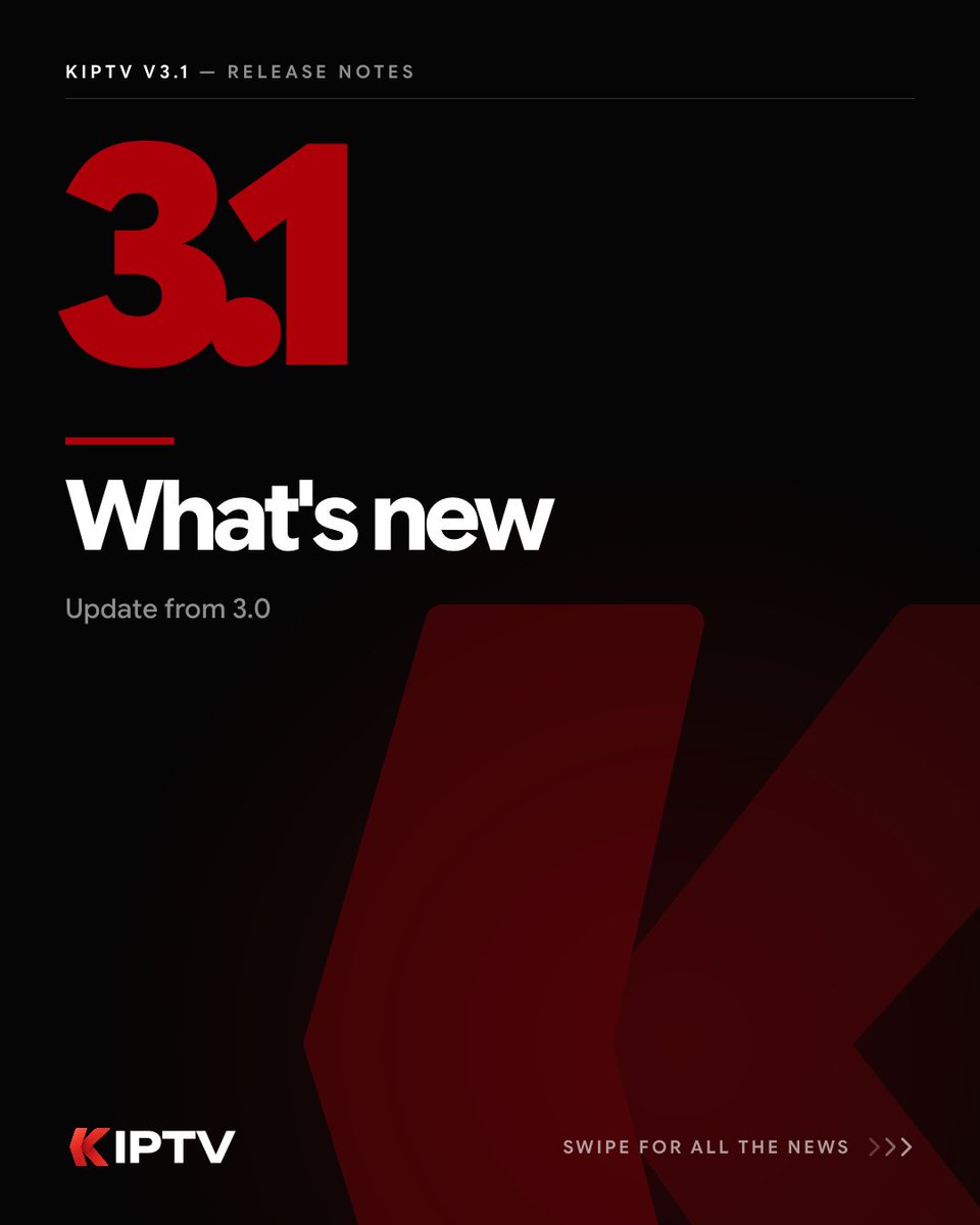 kiptvapp's tweet photo. 🚀 #KIPTV v3.1 is on the way! See what's new 👇

✨ 𝗔𝗴𝗲 𝗿𝗮𝘁𝗶𝗻𝗴𝘀 𝘄𝗶𝘁𝗵 𝘁𝗵𝗲 𝗿𝗲𝗮𝗹 𝗽𝗶𝗰𝘁𝗼𝗴𝗿𝗮𝗺𝘀
Age ratings are no longer hand-drawn shapes: you now see the genuine marks of the classification boards from all the world's major countries.

✨ 𝗖𝗵𝗼𝗼𝘀𝗲 𝘄𝗵𝗶𝗰𝗵 𝘁𝗮𝗯𝘀 𝘆𝗼𝘂 𝘀𝗲𝗲, 𝗮𝗻𝗱 𝗶𝗻 𝘄𝗵𝗮𝘁 𝗼𝗿𝗱𝗲𝗿
In Settings › Display you decide which tabs appear and how they're arranged: Movies, Series and Live move wherever you like. The page is split into named sections, and "Recently added" now switches on separately for movies and for live TV.

✨ 𝗔𝘂𝗱𝗶𝗼 𝗮𝗻𝗱 𝘀𝘂𝗯𝘁𝗶𝘁𝗹𝗲 𝗱𝗲𝗹𝗮𝘆 𝘄𝗶𝘁𝗵 𝗔𝗲𝘁𝗵𝗲𝗿 𝘁𝗼𝗼
Audio and subtitle delay now works on the Aether engine as well.

✨ 𝗧𝗵𝗲 𝗴𝘂𝗶𝗱𝗲 𝗜𝗗 𝗰𝗮𝗻 𝗯𝗲 𝘁𝘆𝗽𝗲𝗱 𝗶𝗻 𝗯𝘆 𝗵𝗮𝗻𝗱
If your provider serves a channel's schedule under an ID that isn't in the list, you can now type it in and assign it directly. Reopen the picker and you'll find it checked, even if the catalog doesn't list it.

✨ 𝗦𝘂𝗽𝗽𝗼𝗿𝘁 𝘁𝗲𝗹𝗹𝘀 𝘆𝗼𝘂 𝘄𝗵𝗲𝗻 𝗮 𝗳𝗶𝘅 𝗶𝘀 𝗼𝗻 𝗶𝘁𝘀 𝘄𝗮𝘆
Days pass between a fix being ready and it reaching your device. Tickets now have a "Fix on the way" status naming the version that will carry it: it stays open, you can still write, and it closes itself when that version ships.

🔺 𝗔𝗲𝘁𝗵𝗲𝗿 𝗲𝗻𝗴𝗶𝗻𝗲 𝘂𝗽𝗱𝗮𝘁𝗲𝗱
Aether engine updated to 6.85.0: live channels start much faster.

🔺 "𝗥𝗲𝗰𝗲𝗻𝘁𝗹𝘆 𝗮𝗱𝗱𝗲𝗱" 𝗻𝗼 𝗹𝗼𝗻𝗴𝗲𝗿 𝗿𝗲𝗽𝗲𝗮𝘁𝘀 𝘁𝗵𝗲 𝘀𝗮𝗺𝗲 𝘁𝗶𝘁𝗹𝗲
Providers load the same movie into several categories or qualities, and the row ended up showing the same title over and over. The row now groups the copies and shows only the main title, with a badge counting how many there are.

🛠️ 𝗣𝗹𝗮𝘆𝗲𝗿 𝗳𝗶𝘅𝗲𝘀
On catch-up and replay content the scrubber works again and, after an error, the channel no longer falls into a reload loop that drained the provider's connections and forced you to restart the app. Aether's subtitles no longer linger on screen while the video is paused, and appear at the right moment. On MPV the frame counter no longer doubles its value on interlaced streams.

🛠️ 𝗧𝗵𝗲 𝘃𝗲𝗿𝘀𝗶𝗼𝗻 𝗽𝗶𝗰𝗸𝗲𝗿 𝗿𝗲𝘀𝗽𝗼𝗻𝗱𝘀 𝘄𝗵𝗲𝗿𝗲 𝘆𝗼𝘂 𝘀𝗲𝗲 𝗶𝘁
In the fan of cards showing a title's versions, each card's touch area didn't match where it was drawn: with many versions you ended up hitting the wrong card, or nothing at all.

🛠️ 𝗜𝗺𝗽𝗿𝗼𝘃𝗲𝗱 𝗺𝗲𝘁𝗮𝗱𝗮𝘁𝗮 𝗺𝗮𝘁𝗰𝗵𝗶𝗻𝗴 𝗮𝗹𝗴𝗼𝗿𝗶𝘁𝗵𝗺

🛠️ 𝗨𝗜 𝗳𝗶𝘅𝗲𝘀 𝗼𝗻 𝗶𝗢𝗦/𝗶𝗣𝗮𝗱𝗢𝗦/𝘁𝘃𝗢𝗦 𝟮𝟳

💬 You come first. Your feedback shapes every release — share yours via in-app Support.