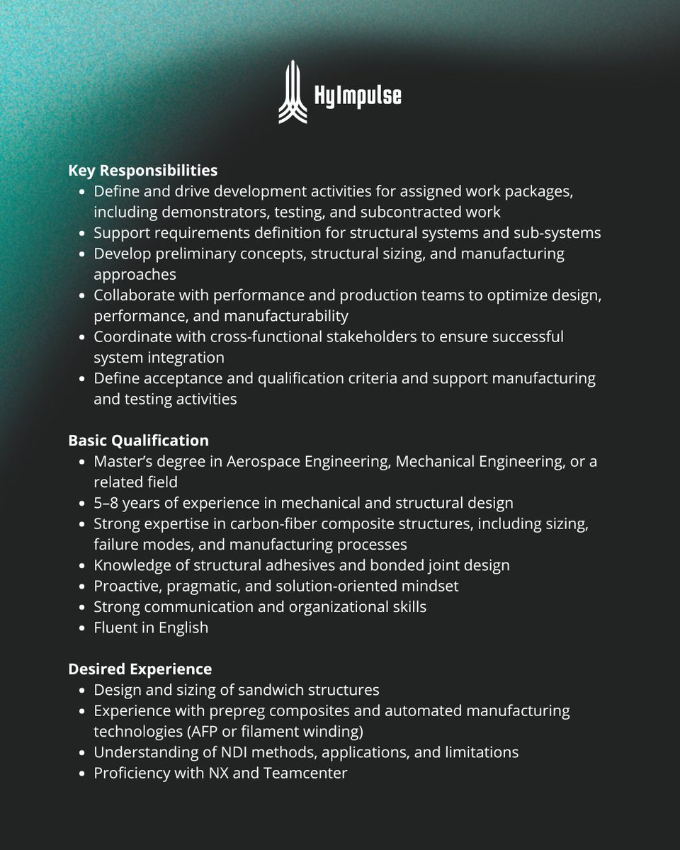 HyImpulseTech's tweet photo. 📢 𝗪𝗲 𝗮𝗿𝗲 𝗵𝗶𝗿𝗶𝗻𝗴! 📢

As #HyImpulse continues to grow, we are looking for a 𝗦𝘁𝗿𝘂𝗰𝘁𝘂𝗿𝗮𝗹 𝗗𝗲𝘀𝗶𝗴𝗻 𝗘𝗻𝗴𝗶𝗻𝗲𝗲𝗿 (𝗺/𝗳/𝗱) to join our team in Neuenstadt am Kocher.

If you are passionate about engineering, enjoy solving complex technical challenges, and want to help shape the future of European space transportation, we would love to hear from you.

📍 Neuenstadt am Kocher, Germany
🕒 Full-time
🔗 Apply here: https://t.co/a08y1WZmxl