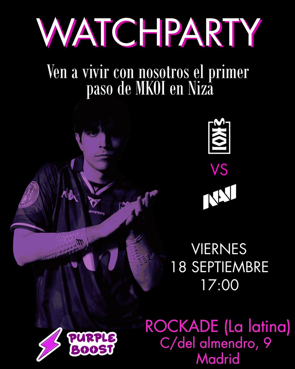 purple_boost_'s tweet photo. 🚨 Watchparty en nueva localización 🚨

📍El viernes 18 estaremos viendo a MKOI clasificar a Worlds a las 17:00 en ROCKADE La Latina
https://t.co/W6CDhI1ynM

👾Esta vez entre mapas nos jugaremos unas partidas de arcade 😁

Te esperamos💜 https://t.co/UMM7DdRzGU