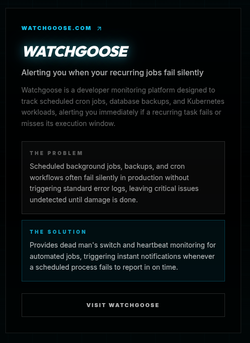 gspulse_'s tweet photo. Just listed Watchgoose built by @RutkowskiHQ (Lead Platform/DevOps engineer, FreeBSD developer,) on gspulse! 

Built with Django & Postgres, it monitors your recurring workloads, scheduled scripts, and Kubernetes jobs—alerting you the moment a background task misses its run.

💡 Are you a founder building an app or SaaS? Add your product directly to gspulse to get featured! 👇