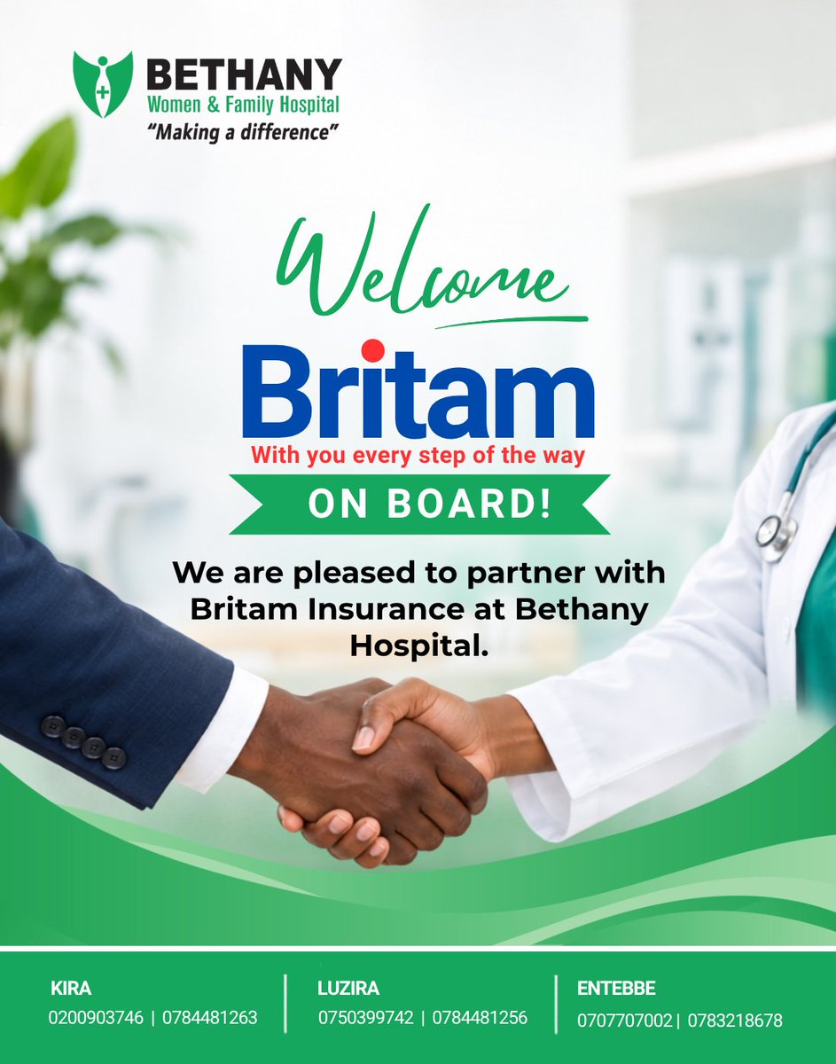BethanyWomen's tweet photo. A partnership built around better care!
Bethany Women & Family Hospital is delighted to welcome Britam Insurance on board. Together, we’re making quality, accessible healthcare easier for you.
#BethanyHospital #BritamInsurance #Healthcare #MakingADifference https://t.co/XA37jJvTY2