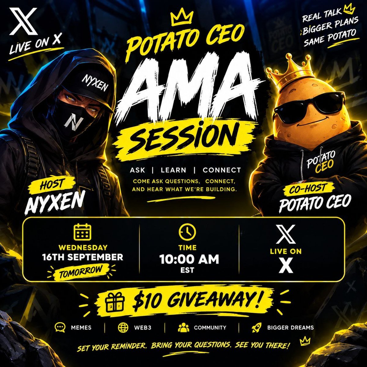 PotatoCEO_'s tweet photo. 🥔 AMA TIME.

Got questions about Potato CEO?
The launch? The idea? What’s actually planned?

Ask anything. No scripted answers.

16.09.2026 
10:00 AM EST

🥔👔 #PotatoCEO #Memecoin #Solana https://t.co/jnqV8omqRc