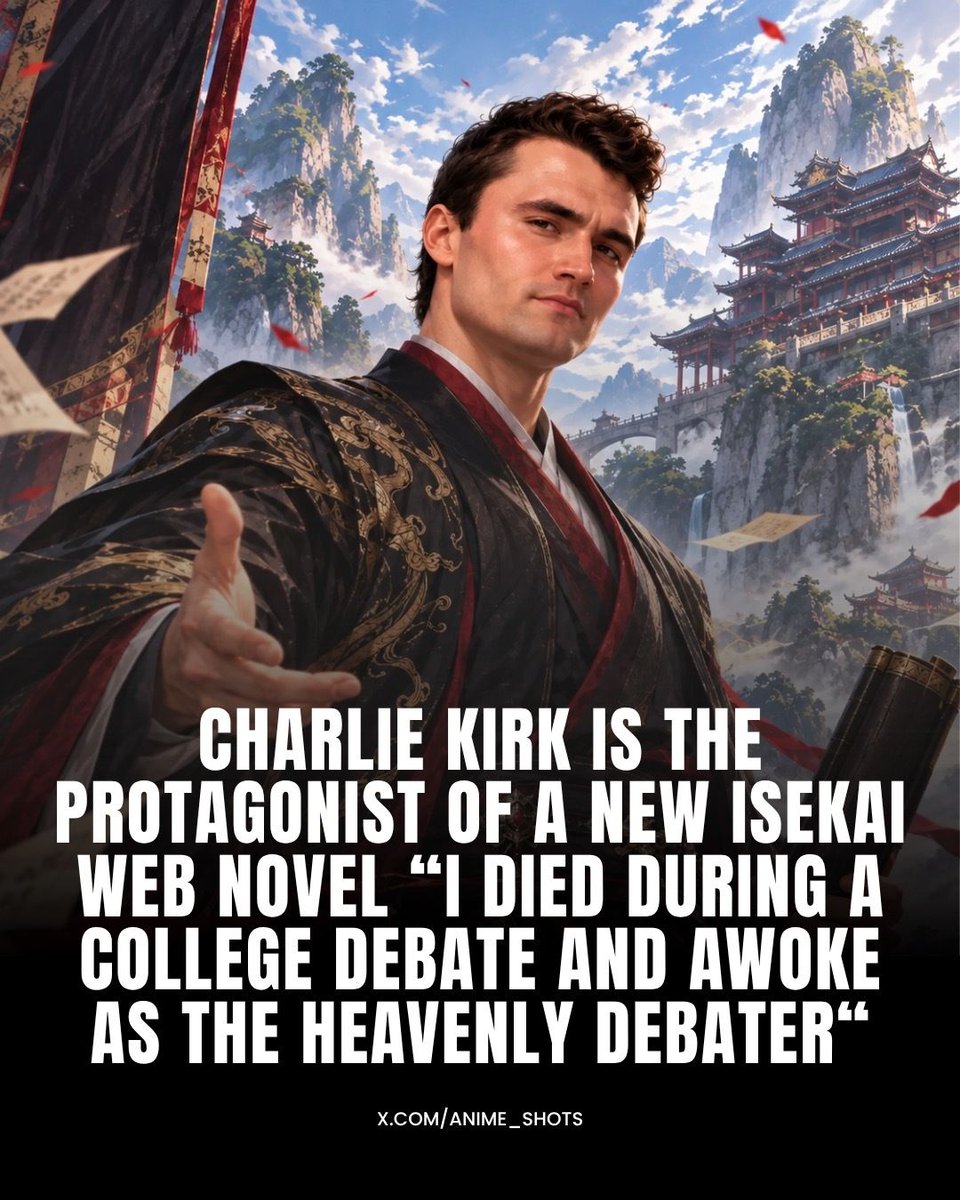 anime_shots's tweet photo. An Unusual Isekai Novel About Charlie Kirk Has Already Reached 440K+ Views

A bizarre new WebNovel titled “I Died During a College Debate and Awoke as the Heavenly Debater” has been gaining attention online for its extremely unusual premise.

Despite having only three chapters, the novel’s WebNovel page currently shows 440.7K views and an overall rating of around 4.5/5, with readers leaving overwhelmingly positive reviews.

The story follows Charlie Kirk, who dies during a college debate and wakes up in a fantasy world known as the Great Liang Empire, where he discovers a mysterious System and attempts to navigate the world using his debate skills.

The novel currently has just three chapters, including titles like “We Are Charlie Kirk” and “The Dao of Ragebait.”