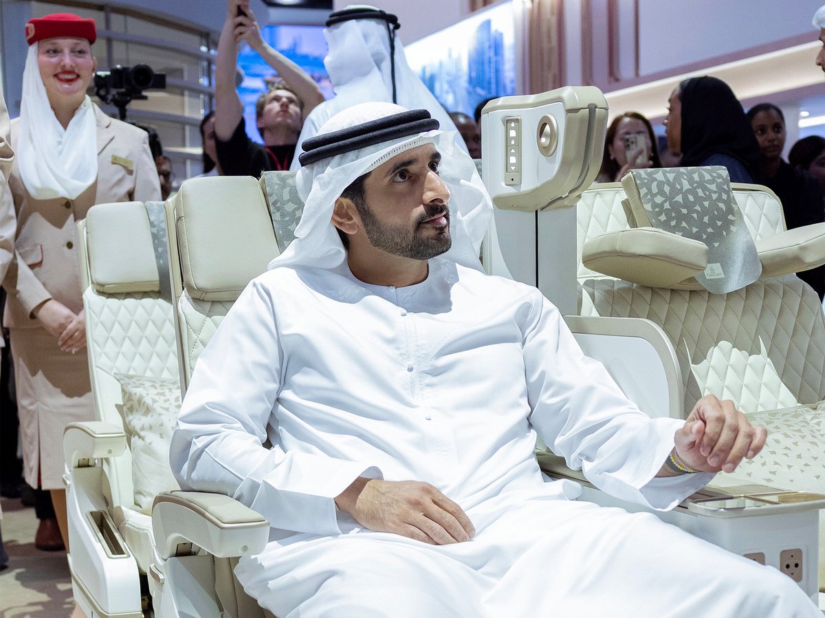 emirates's tweet photo. It was a pleasure to welcome His Highness @HamdanMohammed to our stand during the opening of this year's @ATMDubai, where he was given a tour of our latest inflight experiences. https://t.co/DjzMdsyRzg