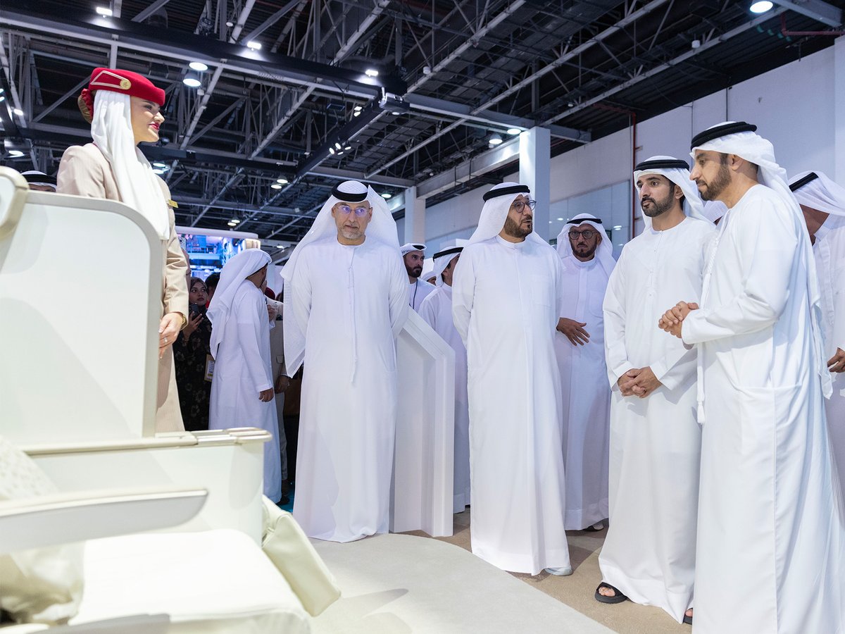 emirates's tweet photo. It was a pleasure to welcome His Highness @HamdanMohammed to our stand during the opening of this year's @ATMDubai, where he was given a tour of our latest inflight experiences. https://t.co/DjzMdsyRzg
