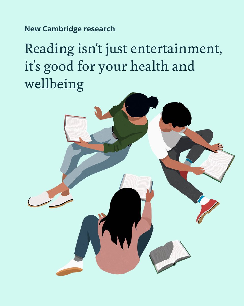 Three individuals sit on the floor in a circle, each holding a book. The background text reads: "New Cambridge research: Reading isn't just entertainment, it's good for your health and wellbeing". An open book lies on the floor in front of them.