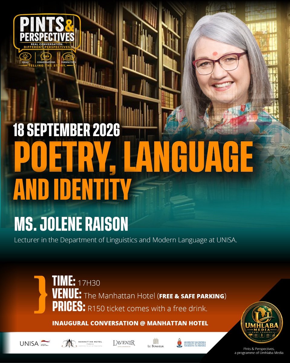 LinguisticUnisa's tweet photo. We are excited to be a part of a new public lecture initiative, Pints &amp; Perspectives. Jolene Raison will be at the Manhattan Hotel in Pretoria this Fri, 18 Sept, at 17:30 to talk about poetry and identity. Please come join us! 

Link to purchase tickets: https://t.co/6jxbTRrf4D https://t.co/WBzK30YfkI