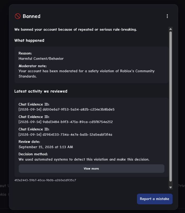 LexaFurukawa's tweet photo. my roblox account was just banned, terminated. i dont know how why or for what reason but when i woke up it was gone. please do something, i havent done anything? its not even giving me the reason.. i have family members and they sometimes goes on my account without my premission https://t.co/AkIJJlZMtV