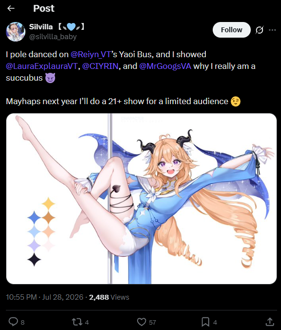 MASKurouka's tweet photo. 1. EVERYBODY knows what a succubus is. It's a sex dream semen demon. It's their whole identity. It's in every media depiction old and modern ever.
You're trying to work around and twist it to fit your narrative, thats not gonna work.

2. Sure lets say she doesnt know what a succubus is/she doesnt want to be portrayed as such/she doesnt want to be sexualized/she just wanted to be a female demon character.
Characters are fiction after all, who care, the person is real, pole dancing is not inherently sexualized. Thats fair...

3. It👏doesnt👏help👏her👏case👏
She showed her friends "why I really am a succubus👿" hmmmm i wonder what that means. BUT EVEN THEN im willing to give the benefit of the doubt, thats just a wholesome play tease she just wanted to show off her poledancing skill.
Then why tf did she talked about thinking of doing a "21+ show to a limited audience"? What does that means?

That is either ignorant, dumb, hypocrisy or just attention seeking.
Don't blame the audience of seeing her doing sexy stuffs, calling her sexy, then she said DONT call her sexy and being confused.

🔴4. LET ME BE VERY CLEAR
WE DON'T WANT THIS GIRL TO BE SEXUALLY HARASSED
Nobody does. At the end of the day she's a person, she seems nice. She maybe dumb, ignorant, hypocrisy whatever but she doesnt seem to have malicious intent.

HOWEVER If you don't want to be bitten by the lion, don't hover your fkin hand in front of its mouth!
If that was my daughter and she's dressed skimpy/is a pole dancer need to perform in a skimpy outfit/go to party with lots of dudes, I'd want to either tell her to dress properly OR imma keep an eye on her 24/7 from a respectable distance to keep her safe.

>Yeah people shouldnt do bad sht, but that doesnt mean you should go around ADVERTISE yourself as an easy target either. Thats dumb
