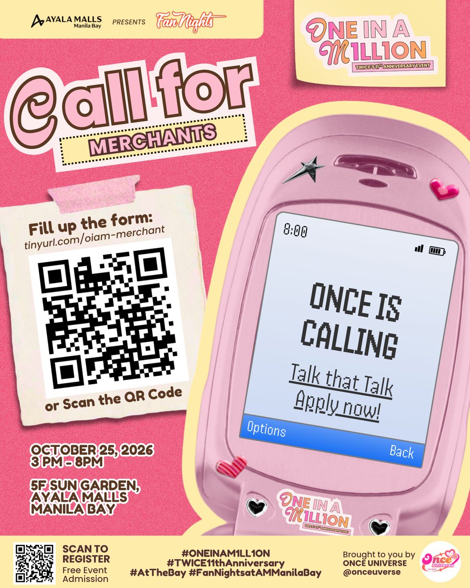 onceuverse's tweet photo. Our ONCE Merchant Marketplace is calling❣️
🔗Apply Now: https://t.co/Dq0TEpoYqN
Join us at ONE IN A M1LL1ON: TWICE’s 11th Anniversary Event and let’s Talk That Talk about your creations, products, and brands. 💗
🗓️ October 25, 2026
📍 5F Sun Garden, Ayala Malls Manila Bay
🕐 3:00 PM - 8:00 PM
And ONCEs, who would you L-O-V-E to see at our Merchant Marketplace? 👀
Drop your favorite artists, creators, and shops in the replies!
#ONEINAM1LL1ON #TWICE11thAnniversary
#AtTheBay #FanNightsatAMManilaBay
