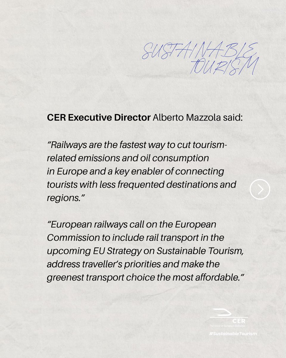 CER_railways's tweet photo. As the European Commission @Transport_EU prepares an EU Strategy for #SustainableTourism, the survey findings make a strong case for railways to be included in policymakers’ plans.

Read the news📝https://t.co/JRfbBa9Xl8

(2/2) #EUTransport https://t.co/iDi9LdQ9wo
