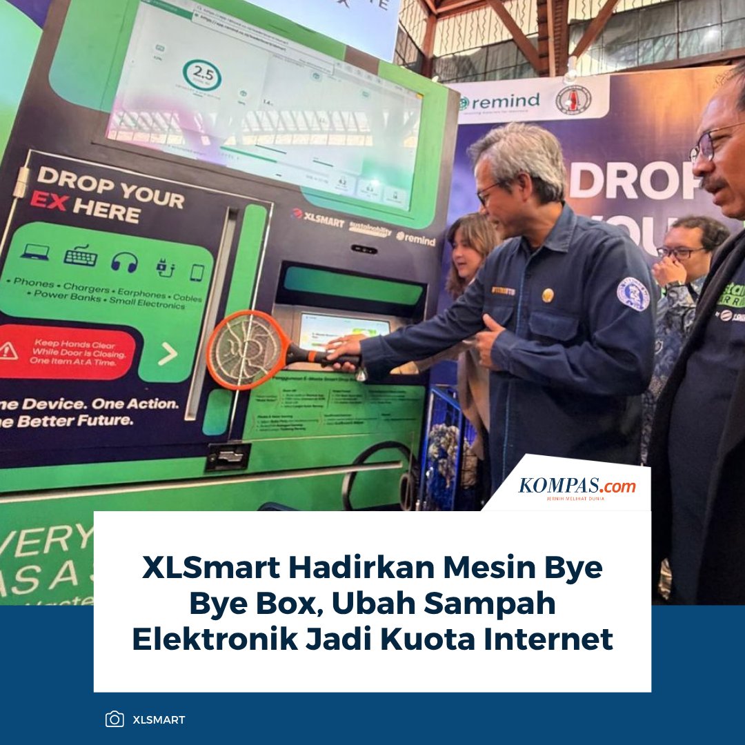 KompasTekno's tweet photo. Baca di sini: https://t.co/QaVz64UFsX 

Operator seluler XLSmart menghadirkan mesin yang bisa digunakan untuk mengubah sampah elektronik menjadi kuota internet.

~AR #XLSmart #ByeByeBox [2026091510280067] https://t.co/GYz8M2viUP