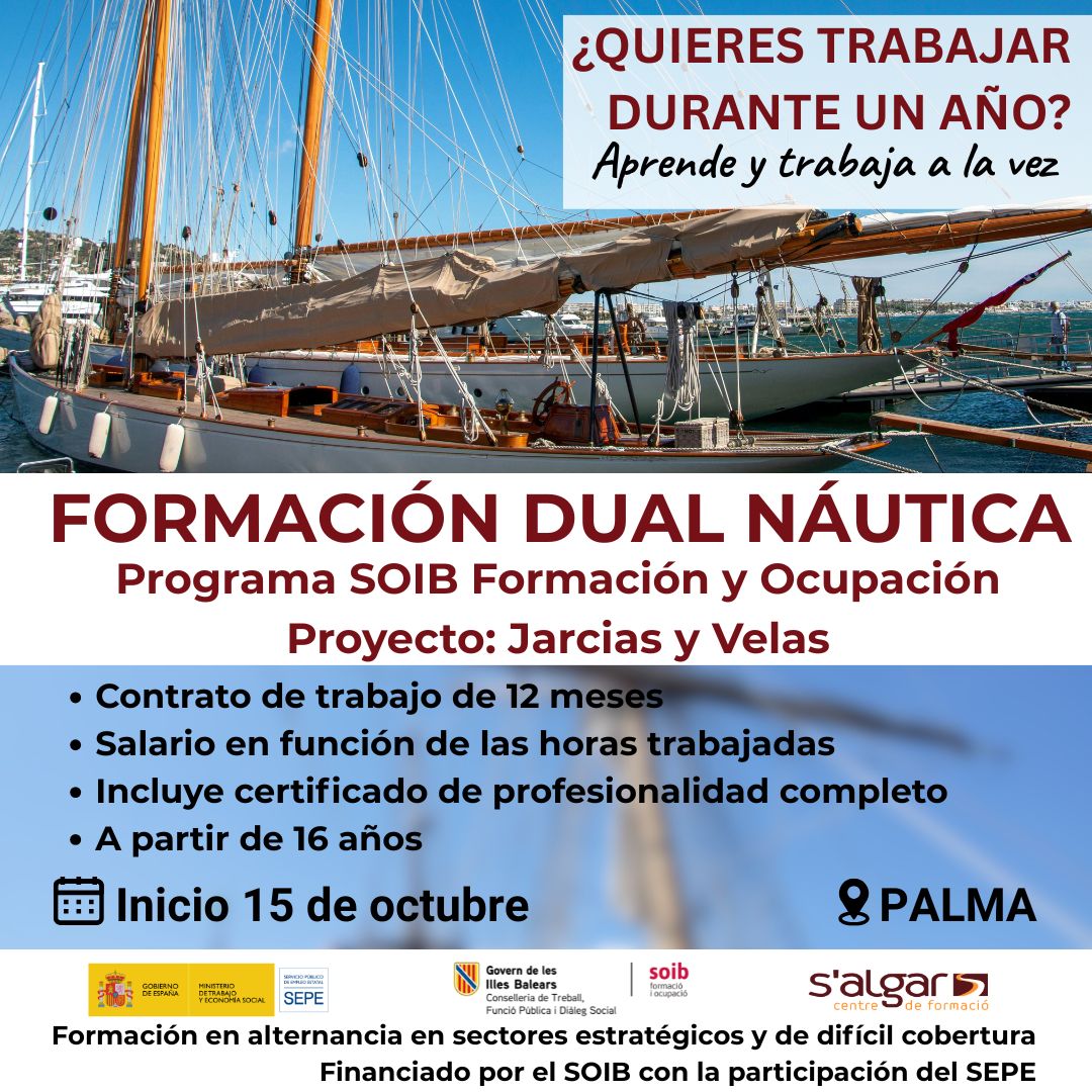 salgarformacio's tweet photo. ¡Plazas abiertas! Formación Dual en jarcias y velas
@salgarformacio abre inscripciones para una formación especializada dentro del sector náutico, con la financiación @soibgoib #SEPE
📍Palma
📆Inicio: 15 octubre
☎️Llámanos 971 82 58 94
Clica https://t.co/2KARNTWC6S https://t.co/TyNcnZVK08
