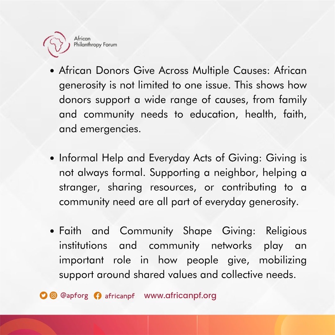 APForg's tweet photo. Africa is not simply a recipient of generosity.

It is home to deeply rooted cultures of giving that are shaping the way the world understands philanthropy.

African philanthropy challenges the idea that generosity is primarily a product of wealth.

Across the continent, people are giving through income, time, faith, local organizations, informal support, and community action.

The opportunity now is to recognize, strengthen, and invest in these existing cultures of giving.

How can we better recognize and strengthen Africa’s own traditions and systems of generosity?

#AfricanPhilanthropy #CommunityPhilanthropy #AfricanGiving #KnowledgeSharing #APF